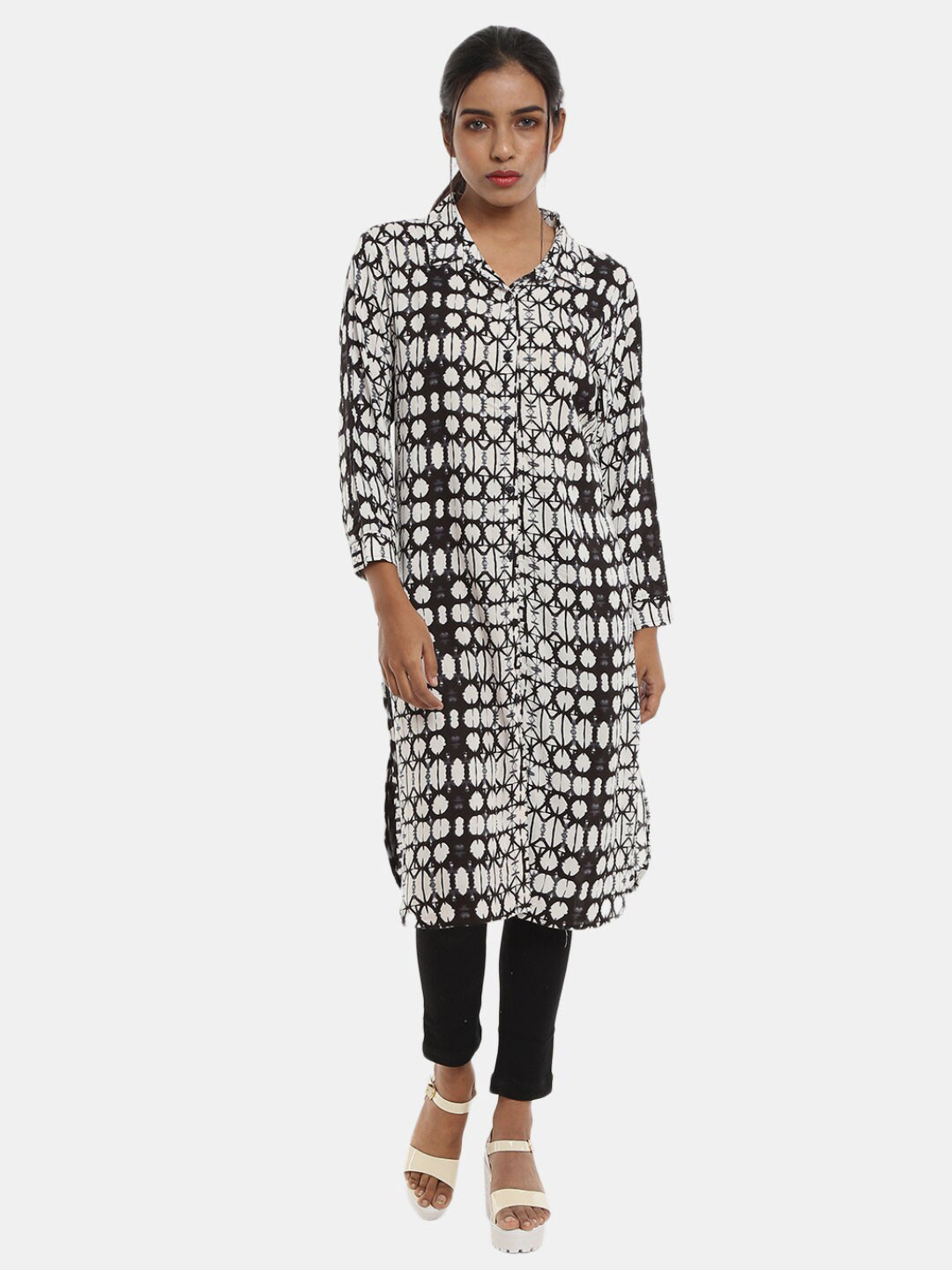 

V-Mart Women Western Solid Rayon Collar Neck White Print Shirt Style Longline Top