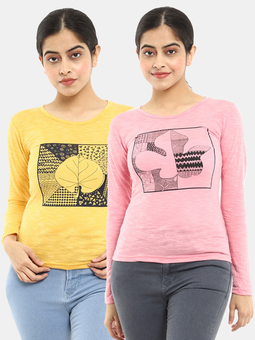 

V-Mart Women Western Pack of 2 Coral, Mustard Printed Round Neck Top