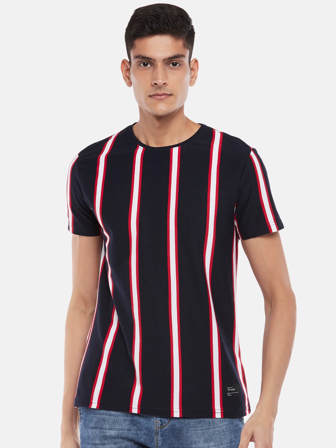 

People Men Navy Blue Striped Polo Collar T-shirt