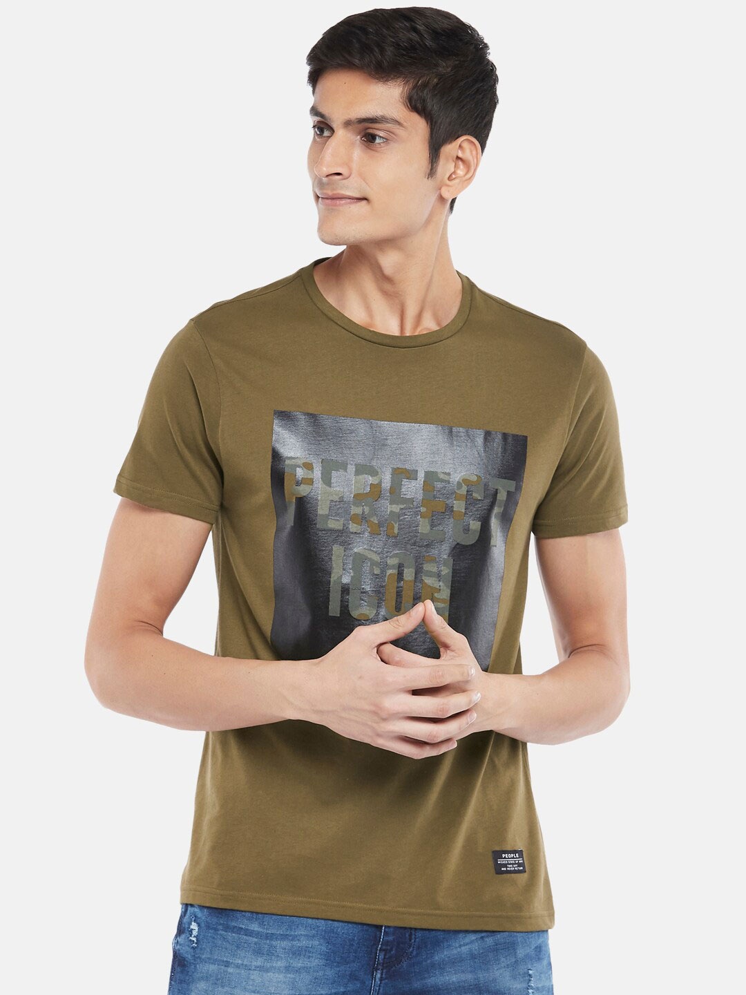 

People Men Olive Green Typography Printed Applique T-shirt