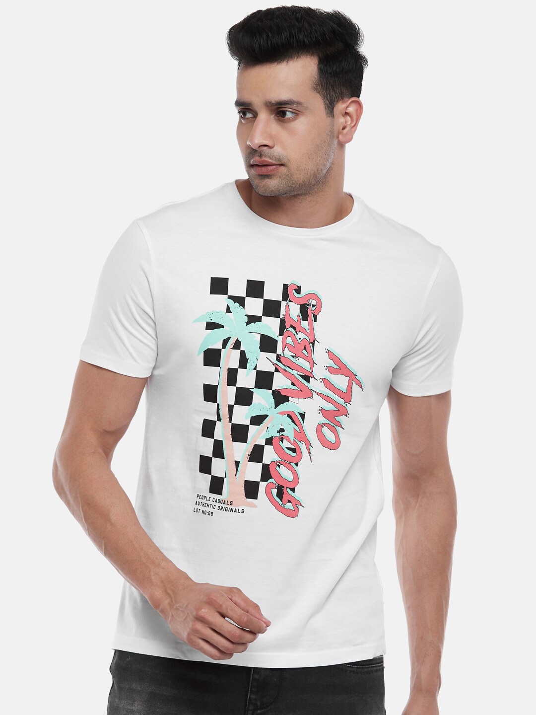 

People Men White Printed Raw Edge T-shirt