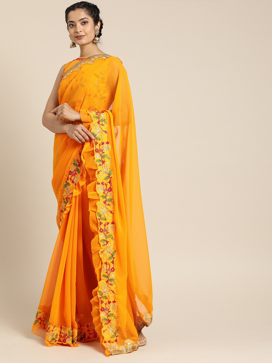 

SHAVYA Orange & Red Embellished Pure Georgette Saree