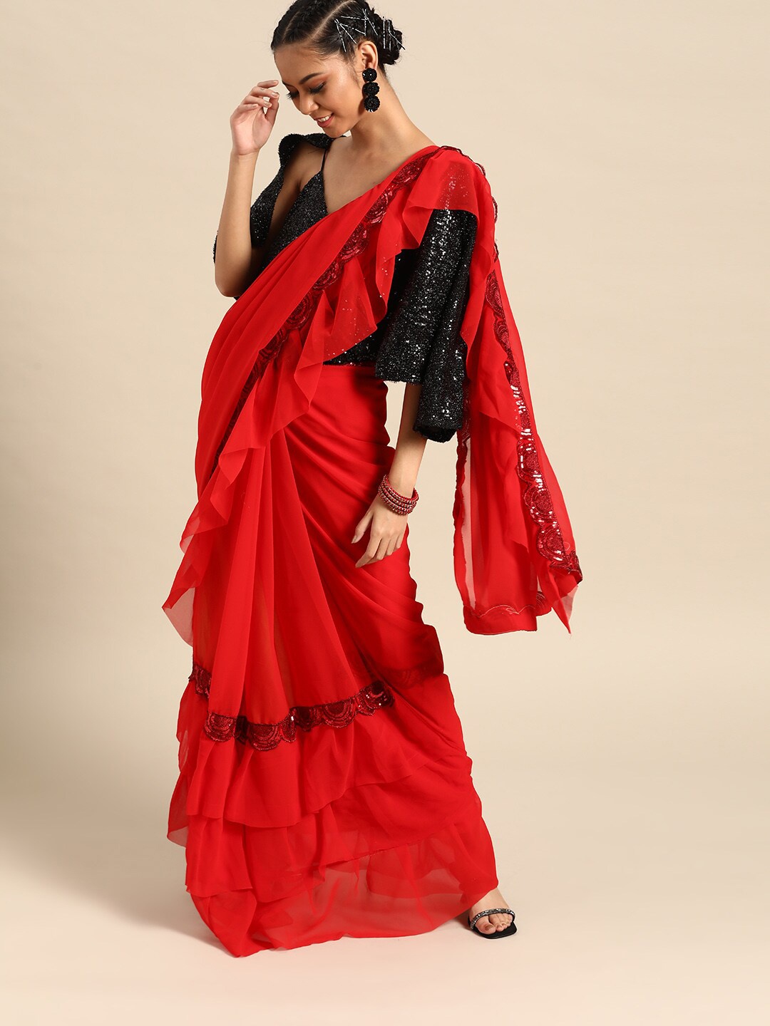 

SHAVYA Red Sequinned Ruffled Pure Georgette Saree