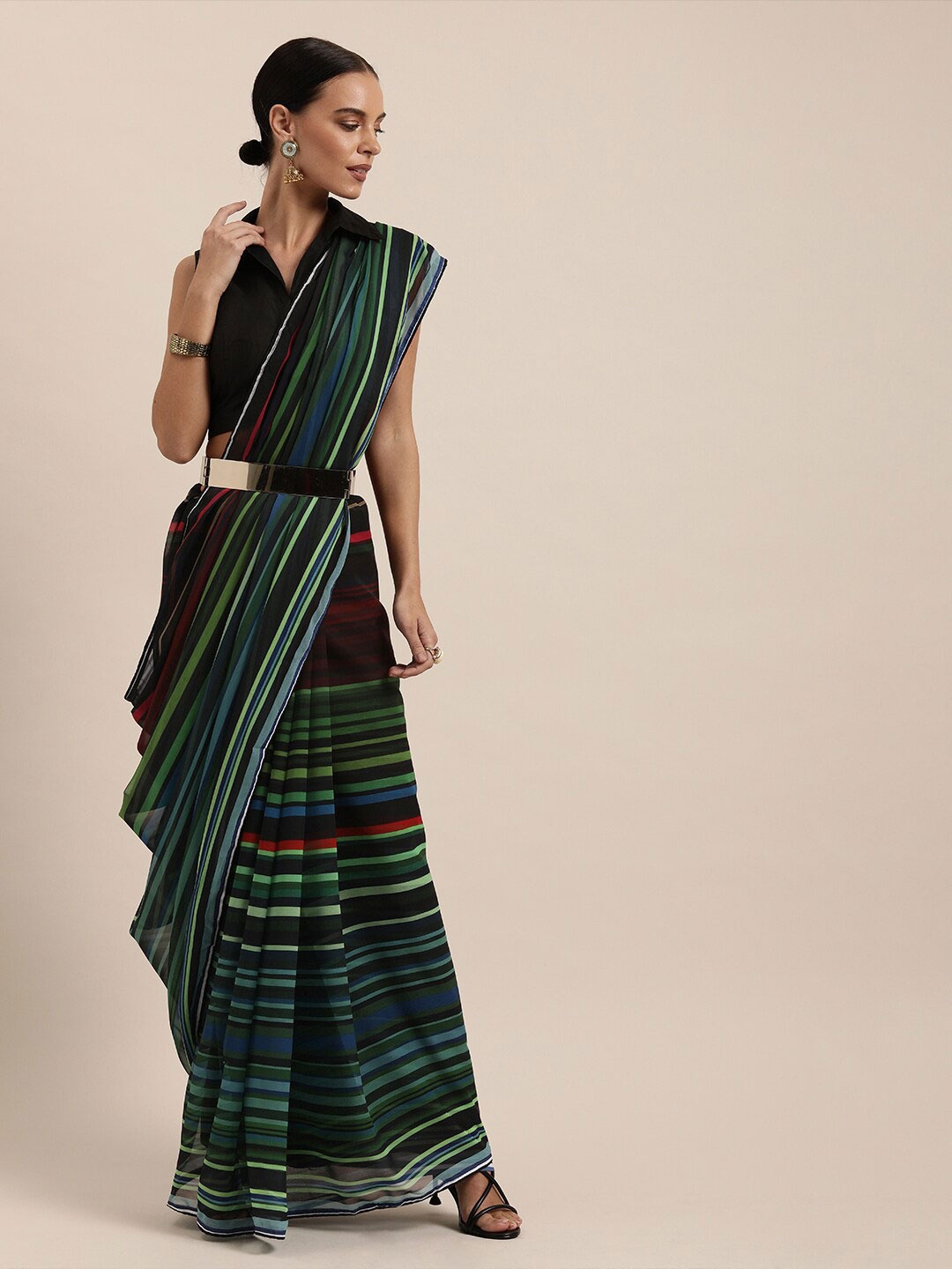 

SHAVYA Black & Multicoloured Striped Pure Georgette Saree