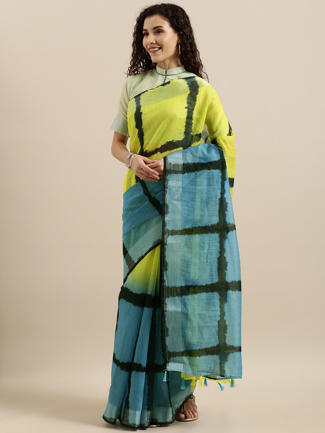 

SHAVYA Blue & Yellow Digital Checked Pure Linen Saree