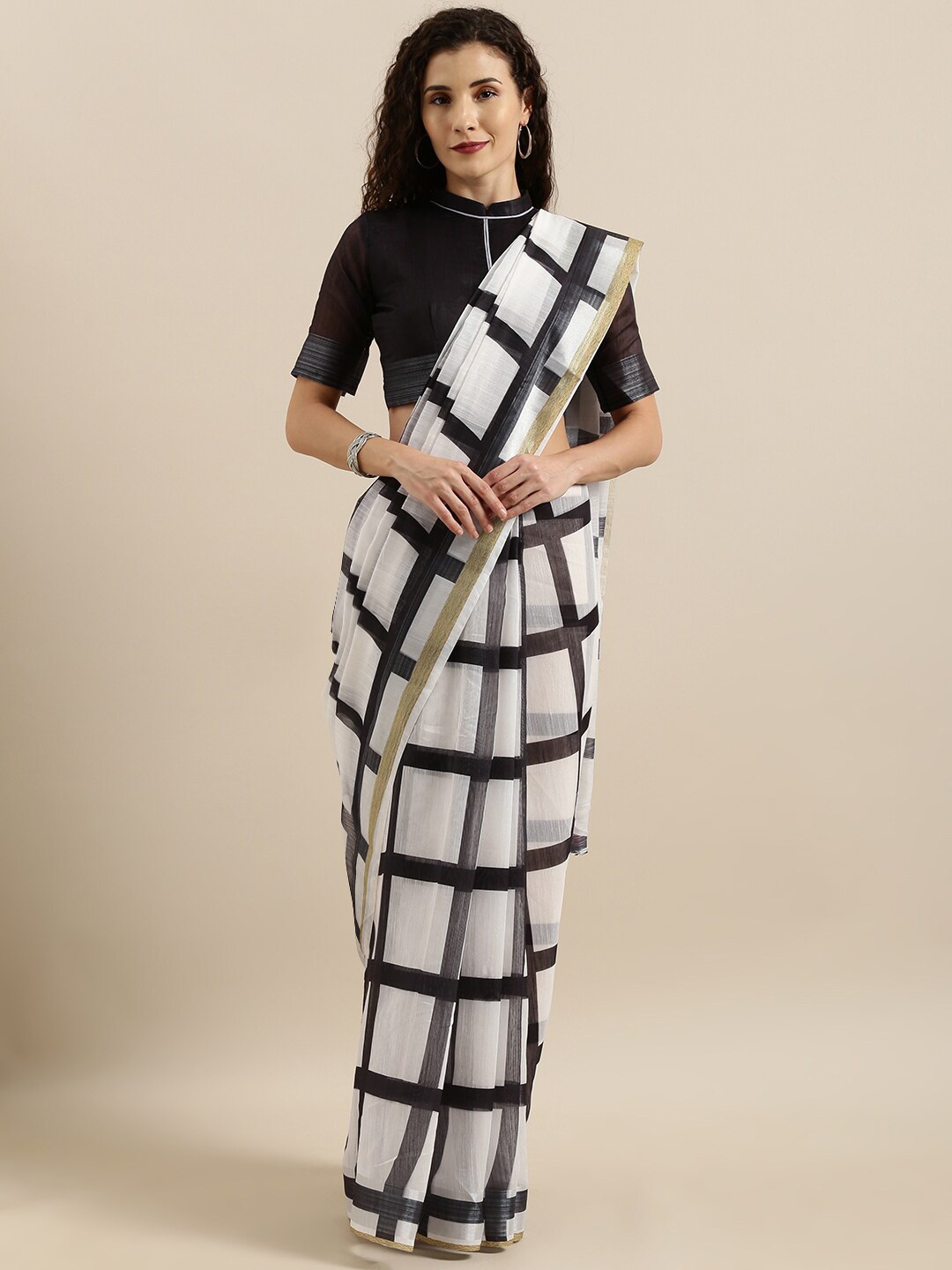 

SHAVYA White & Black Checked Pure Linen Saree