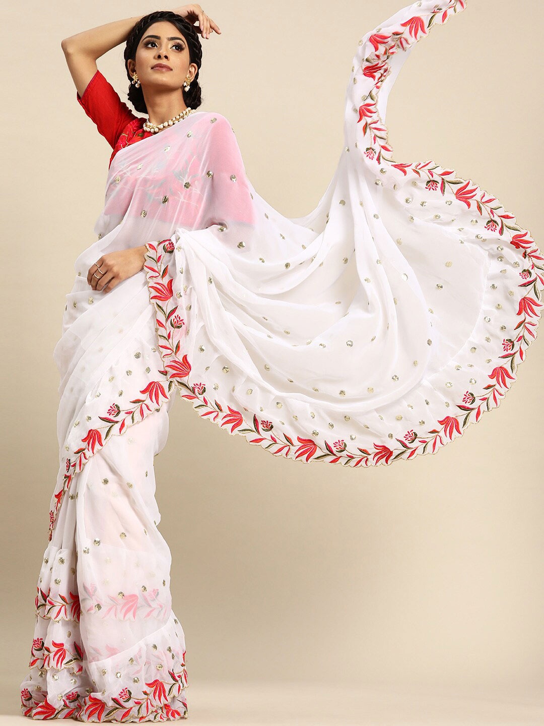 

SHAVYA White & Red Embellished Sequinned Pure Georgette Saree