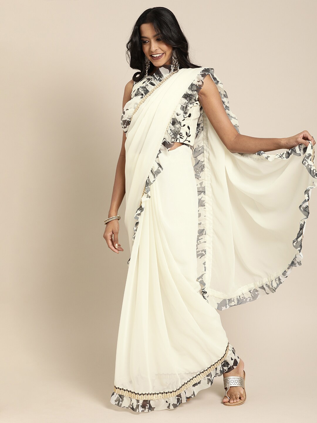 

SHAVYA Off White & Grey Embellished Sequinned Pure Georgette Saree