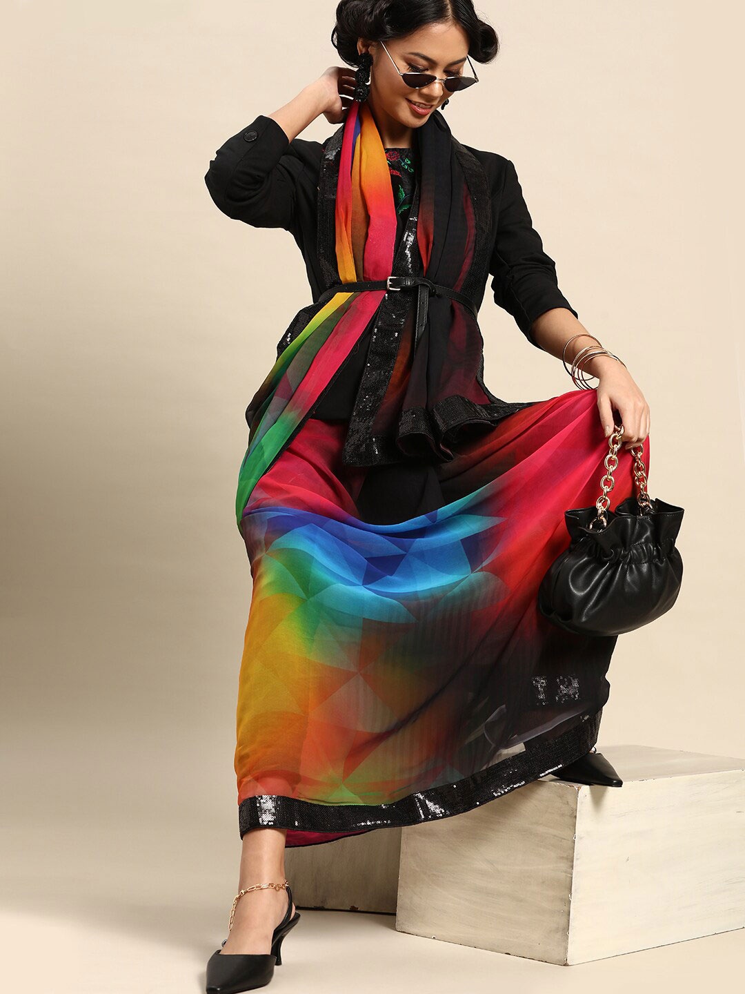 

SHAVYA Black & Blue Printed Sequinned Pure Georgette Saree