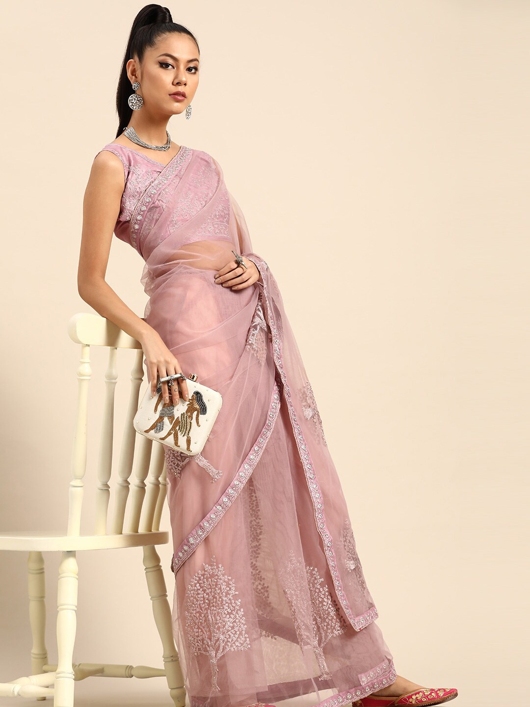 

SHAVYA Lavender & Silver-Toned Embroidered Embellished Mirror Work Supernet Saree