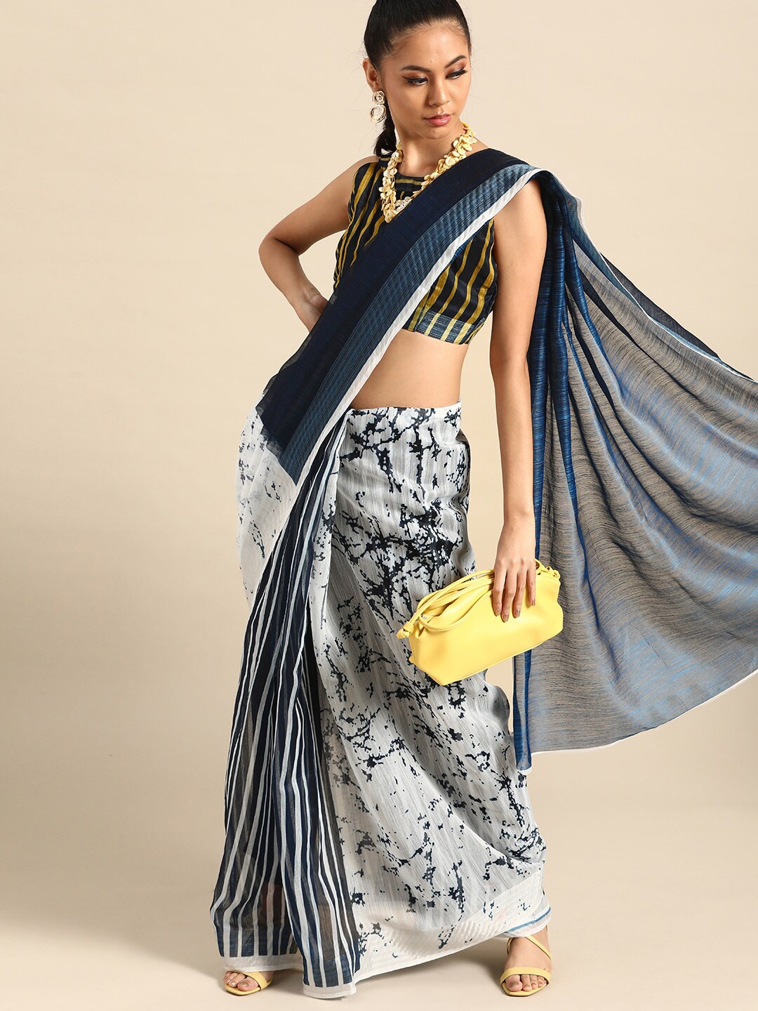 

SHAVYA Navy Blue & White Printed Pure Linen Saree