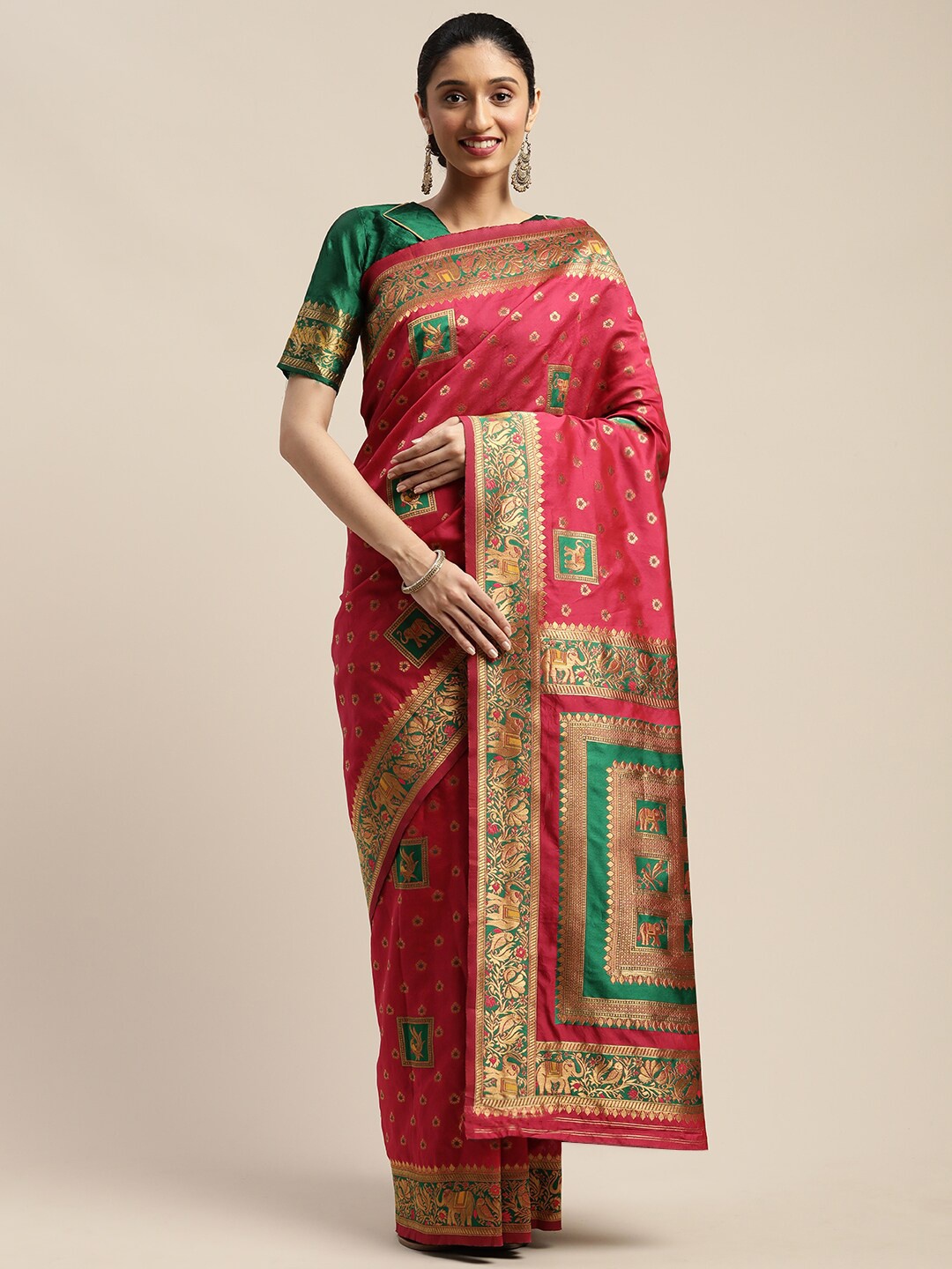 

SHAVYA Pink & Green Woven Design Zari Pure Silk Banarasi Saree