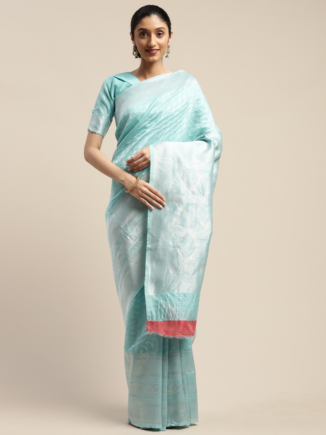 

SHAVYA Sea Green & Silver-Toned Woven Design Zari Pure Silk Banarasi Saree