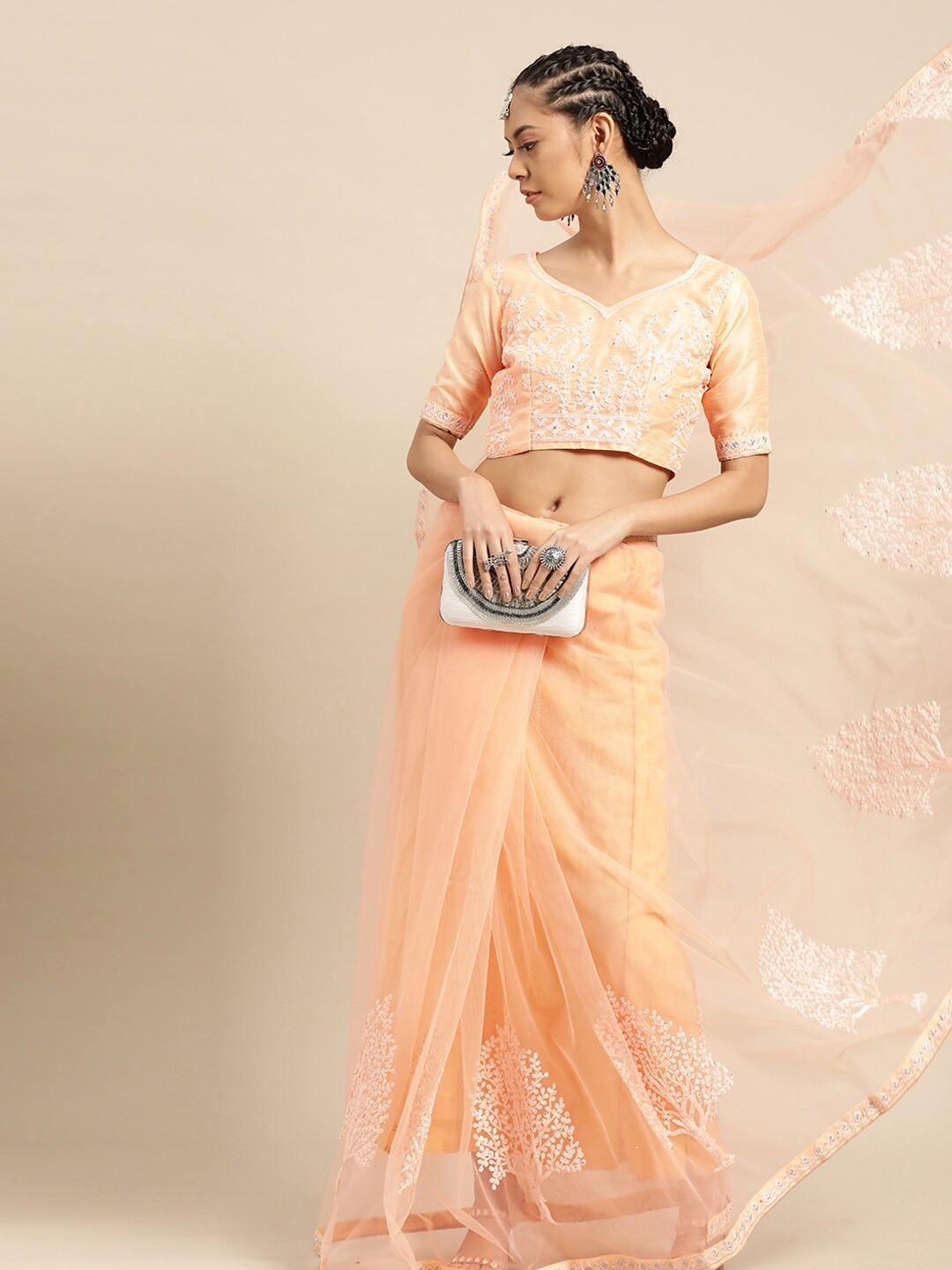 

SHAVYA Peach-Coloured Floral Sequinned Supernet Saree
