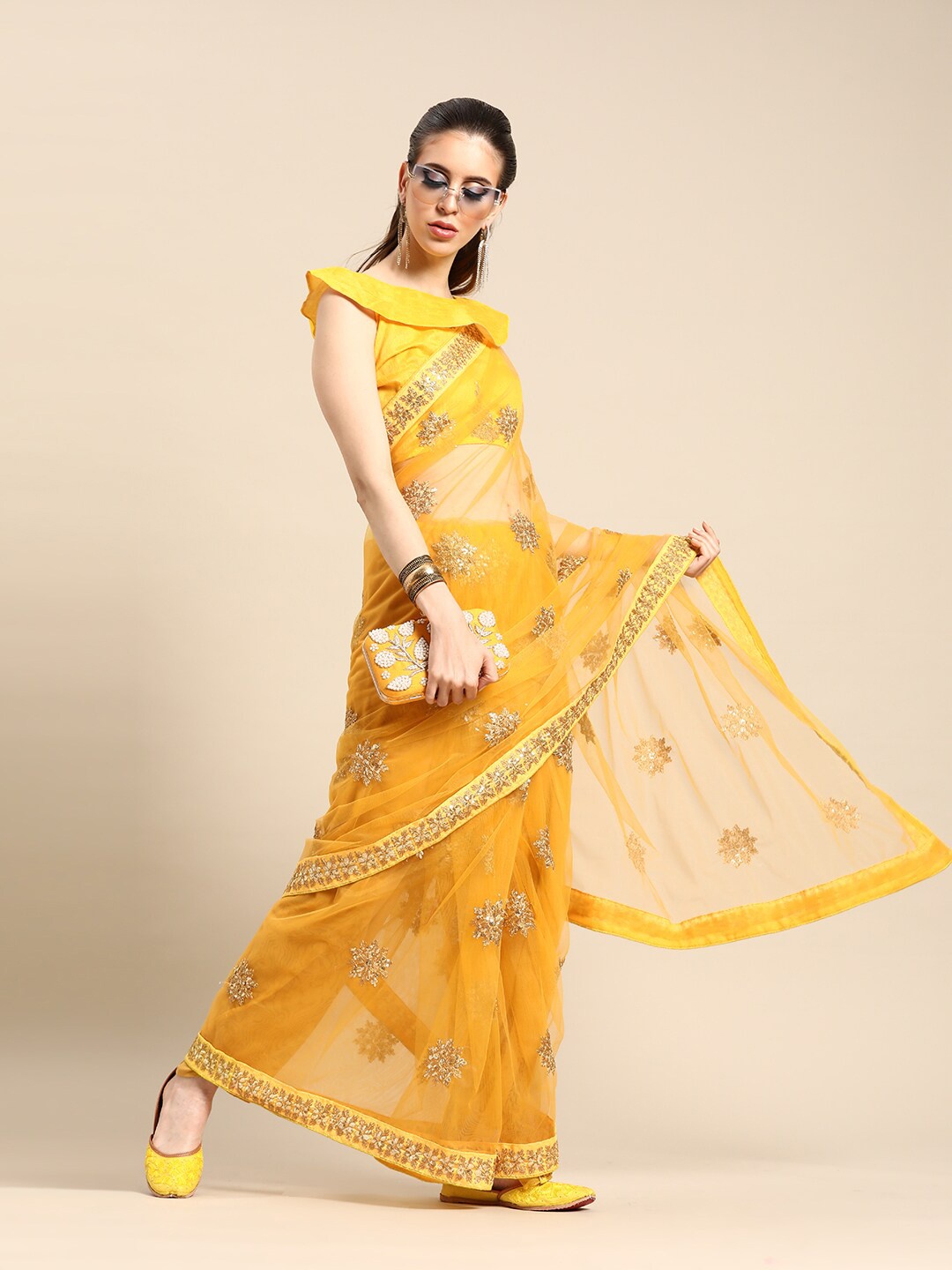 

SHAVYA Yellow & Golden Embellished Sequinned Supernet Saree