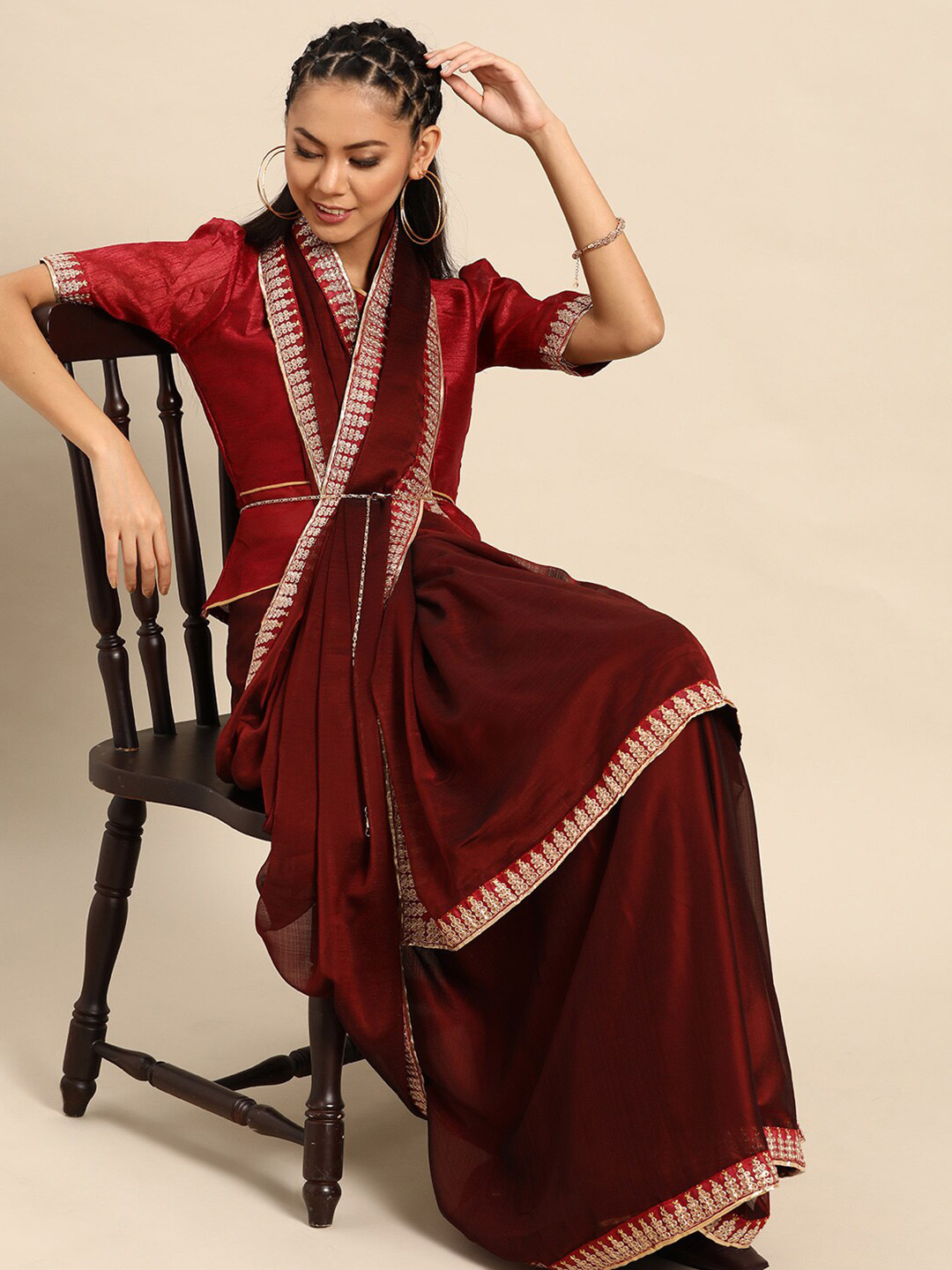 

SHAVYA Coffee Brown & Golden Sequinned Pure Chiffon Saree
