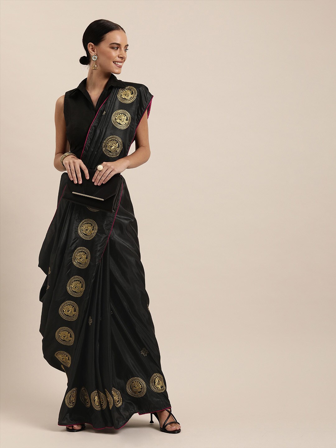 

SHAVYA Black & Gold-Toned Ethnic Motifs Embroidered Silk Blend Saree