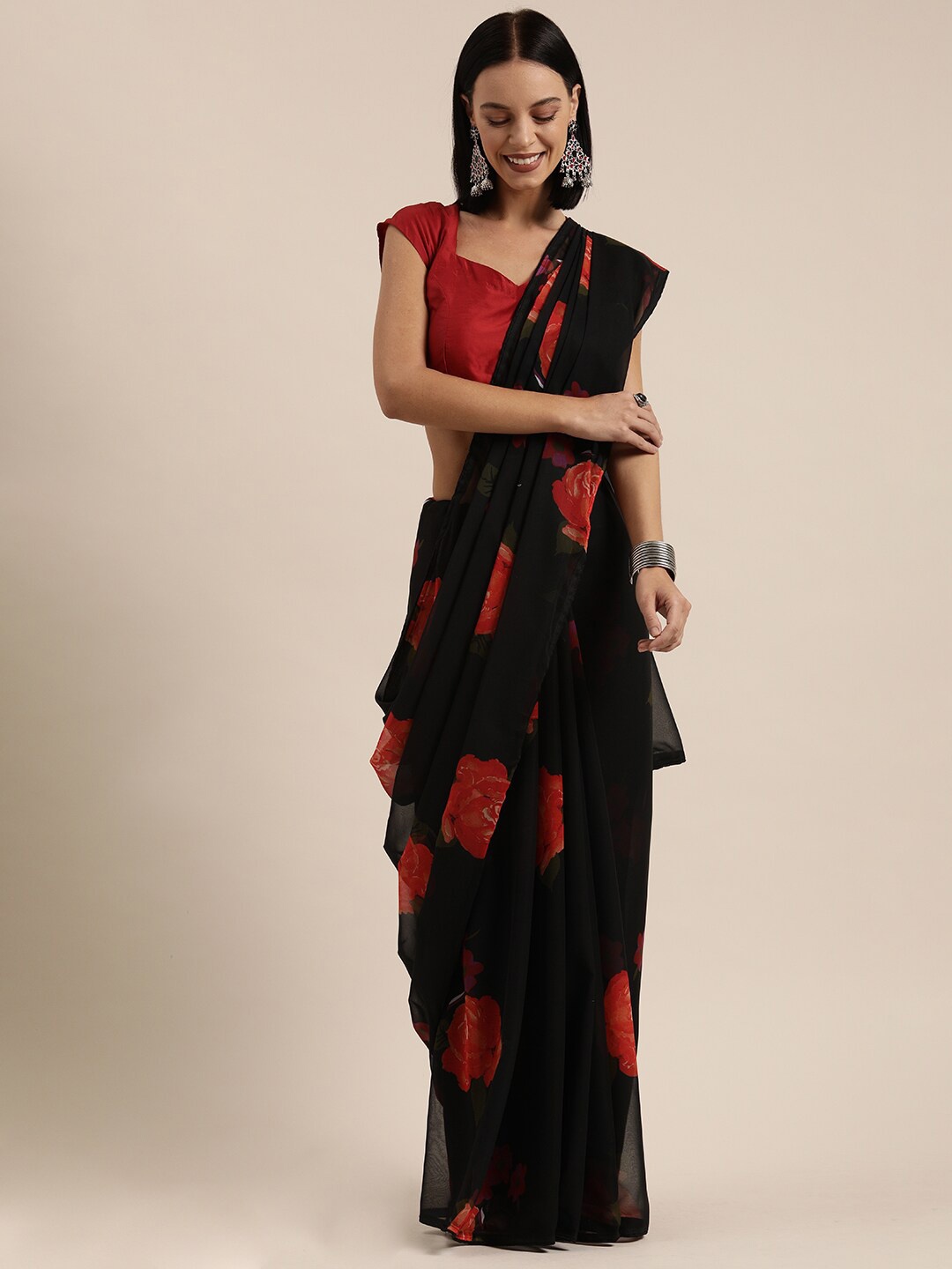 

SHAVYA Black & Red Floral Pure Georgette Saree