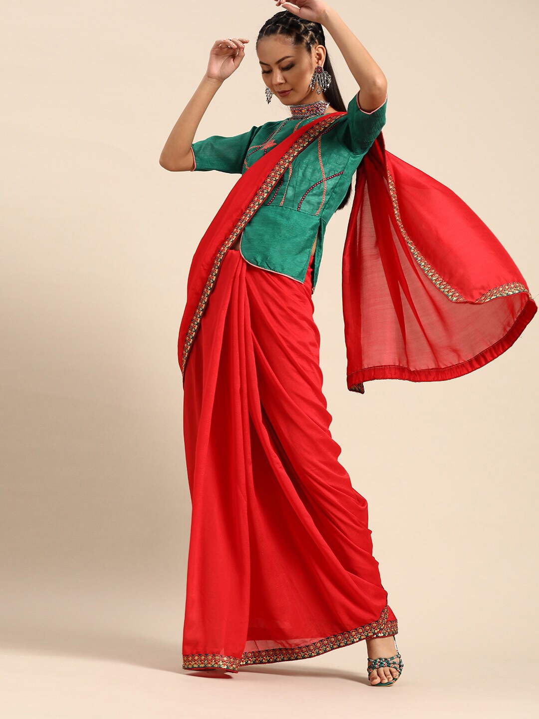 

SHAVYA Red & Green Embroidered Pure Chiffon Saree