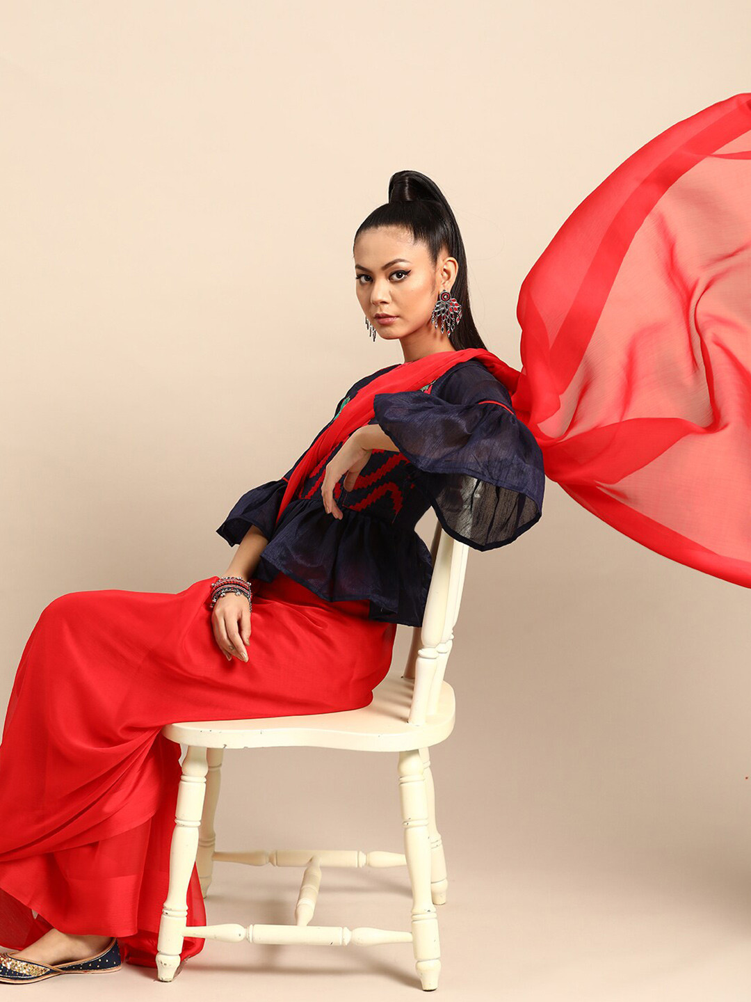 

SHAVYA Red Embellished Embroidered Pure Chiffon Saree