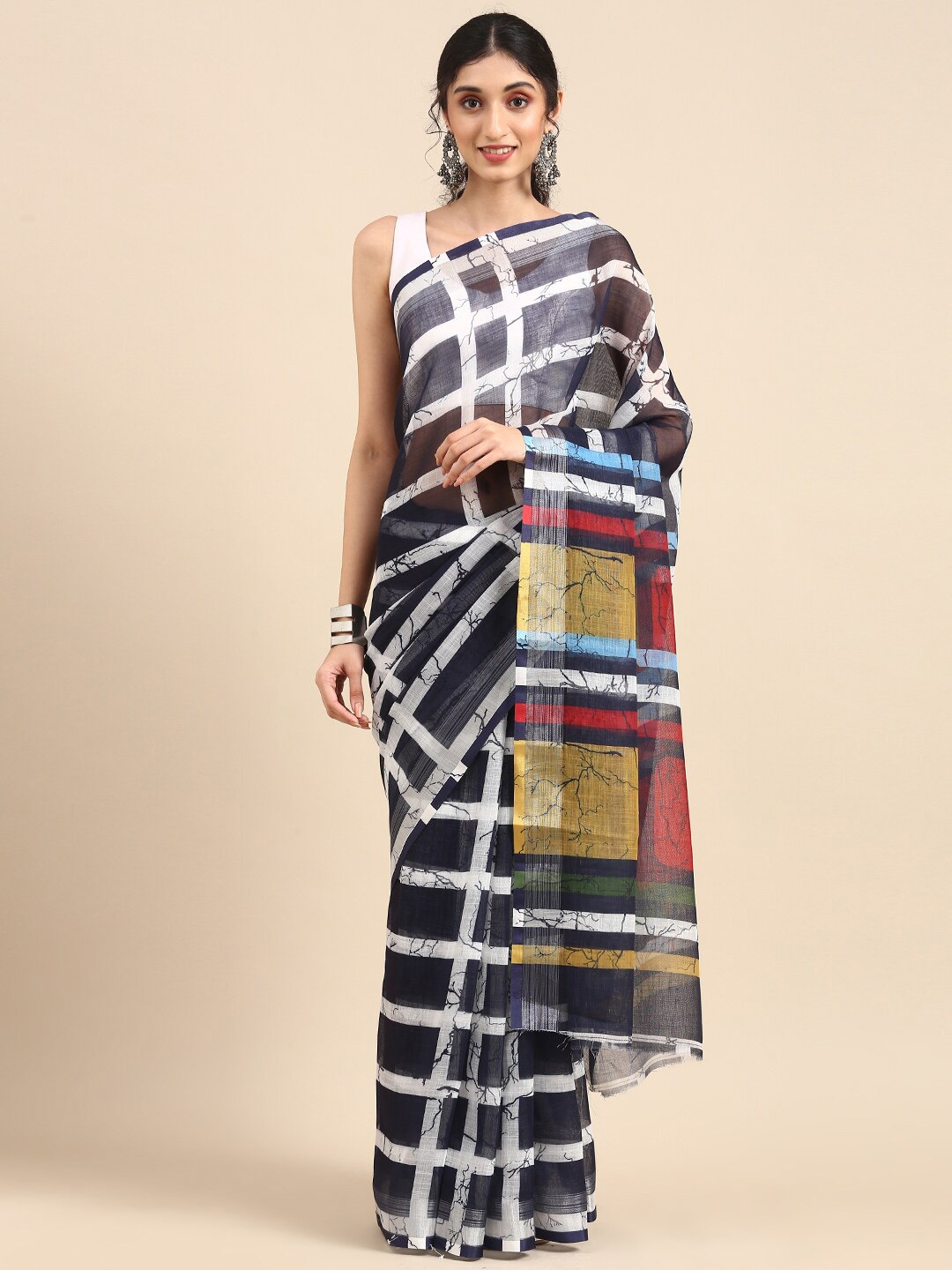 

SHAVYA Blue & White Checked Pure Linen Saree