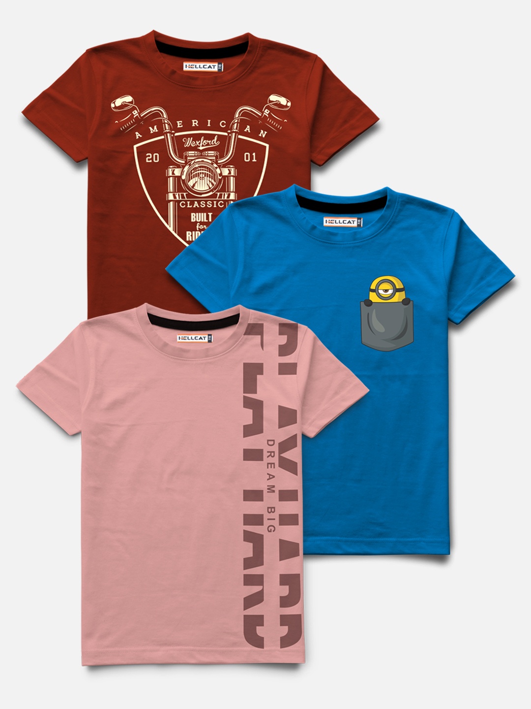

HELLCAT Boys Pack of 3 Printed Bio Finish T-shirts, Pink