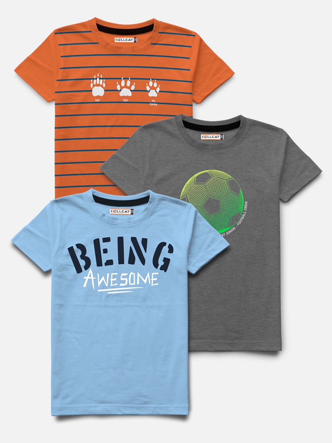 

HELLCAT Boys Orange & Black Striped Cotton T-shirt