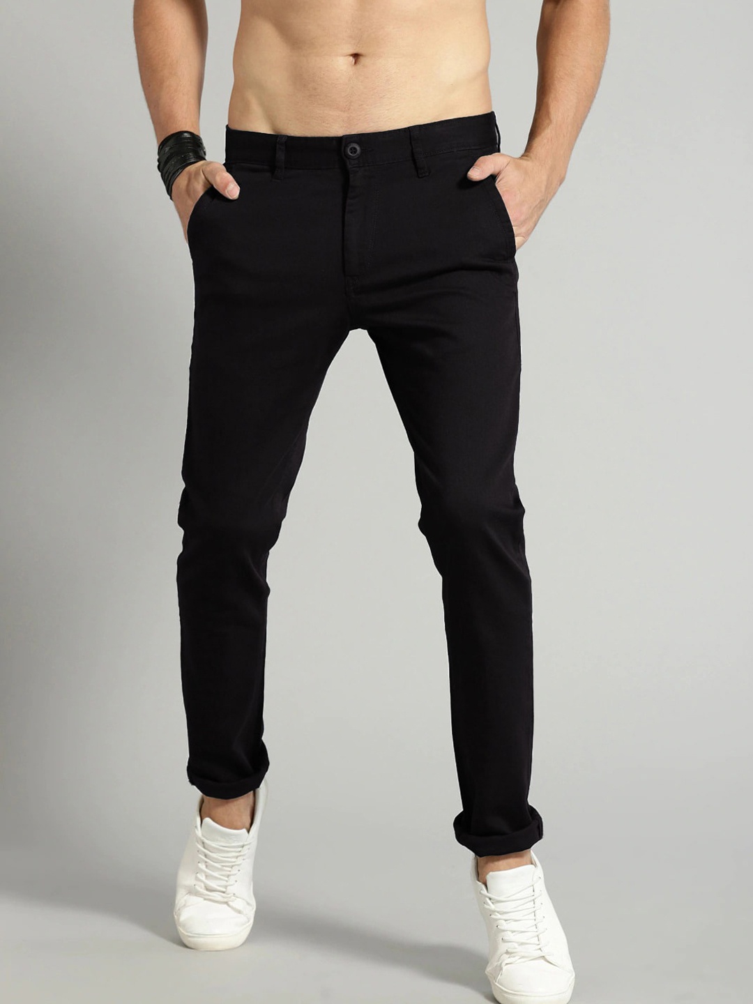

AD & AV Men Black Classic Easy Wash Chinos Trousers
