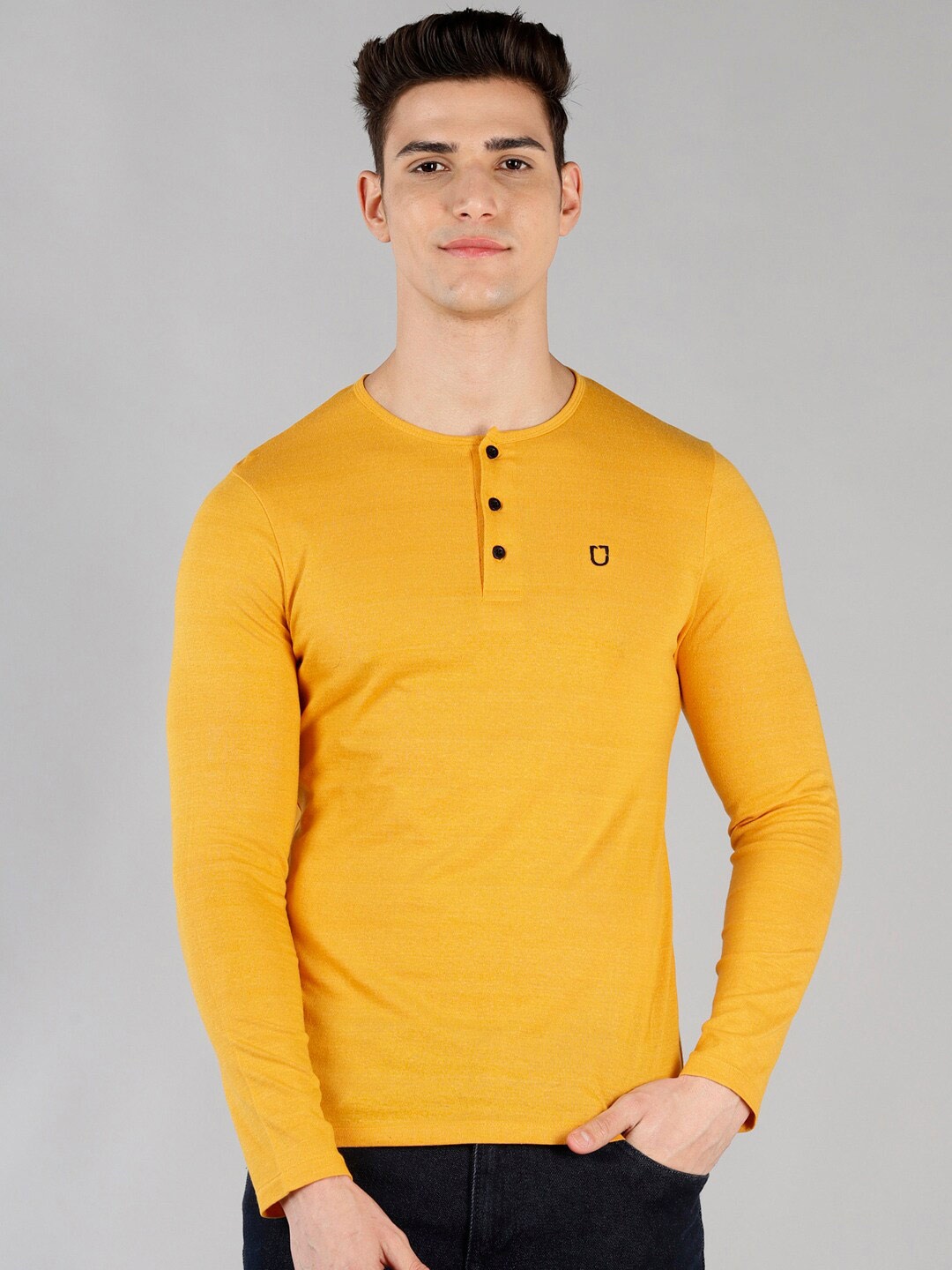 

Urbano Fashion Men Mustard Yellow Solid Henley Neck T-shirt