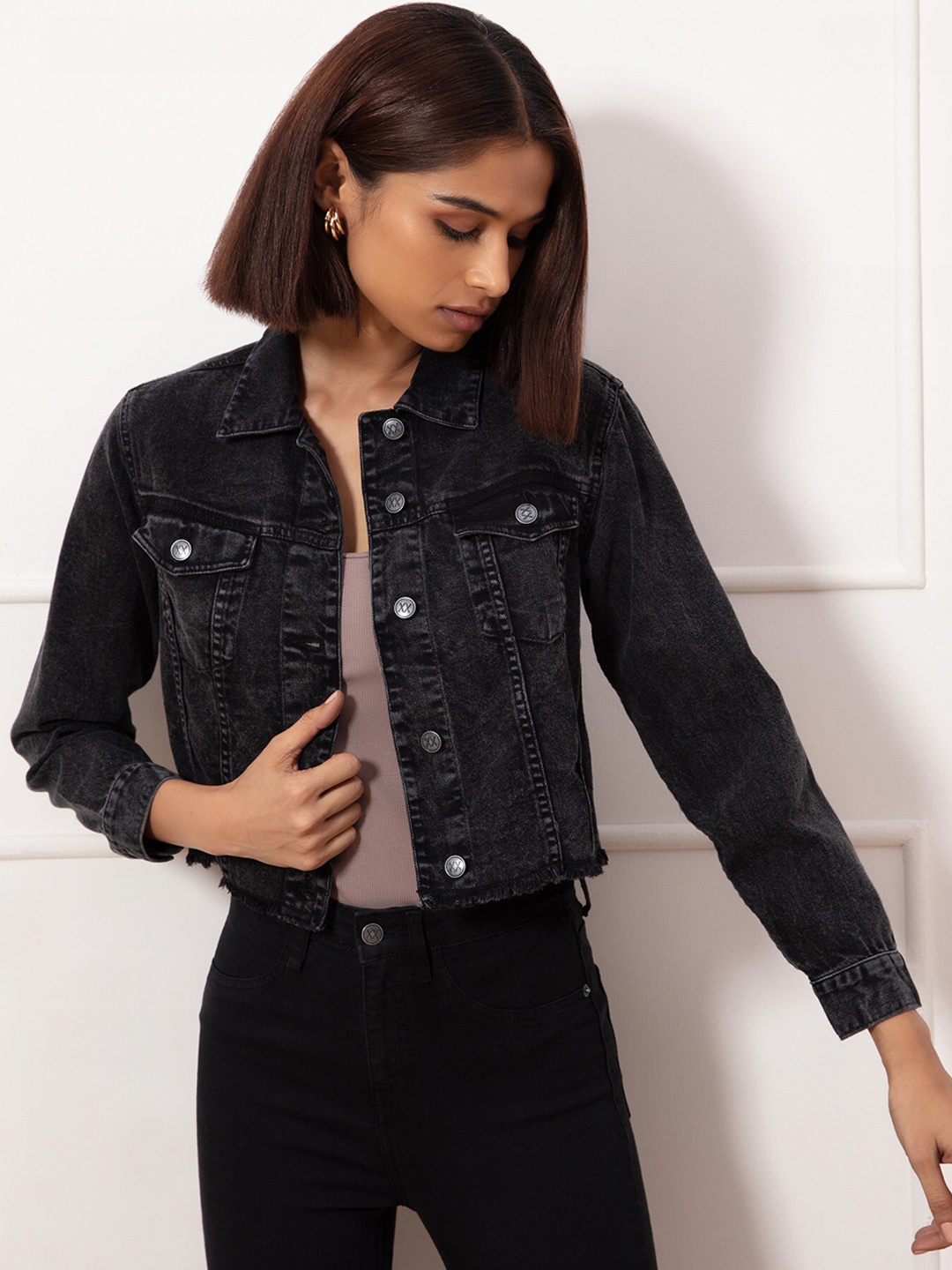 

20Dresses Women Black Crop Cotton Denim Jacket