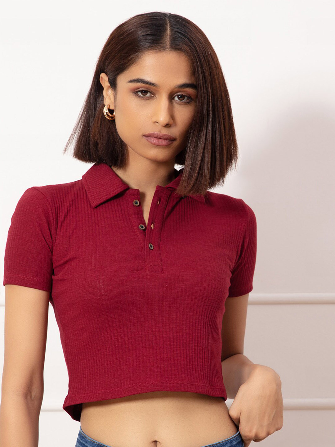 

20Dresses Women Maroon Polo Collar T-shirt