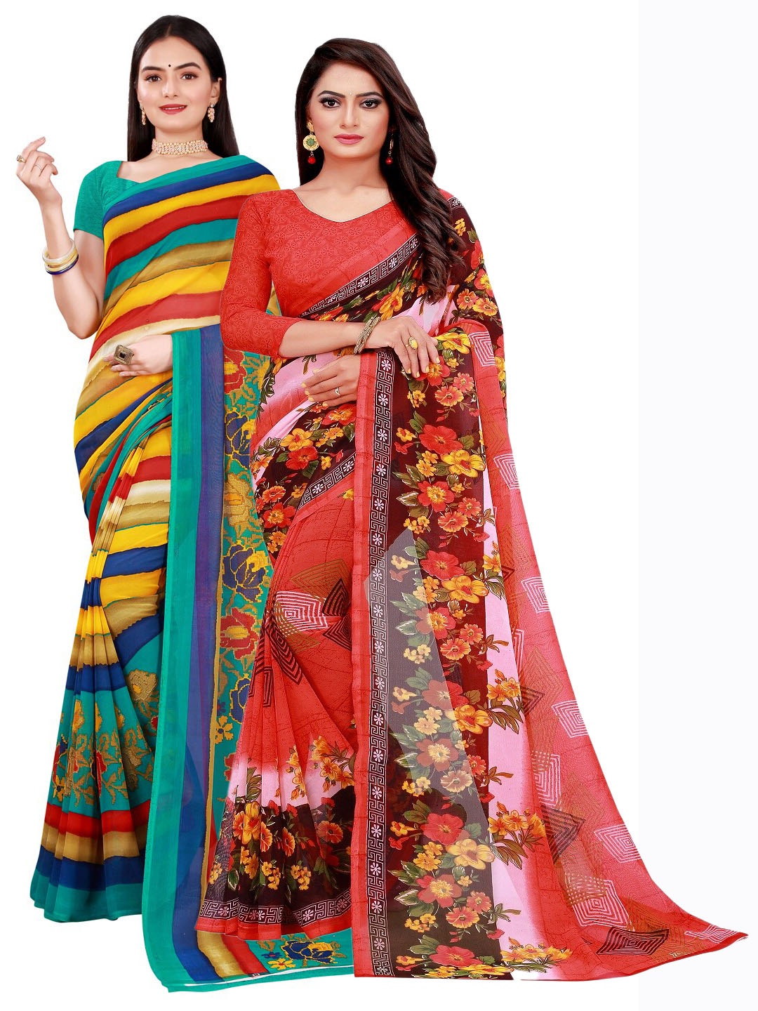 

Florence Pack Of 2 Red & Yellow Pure Georgette Saree