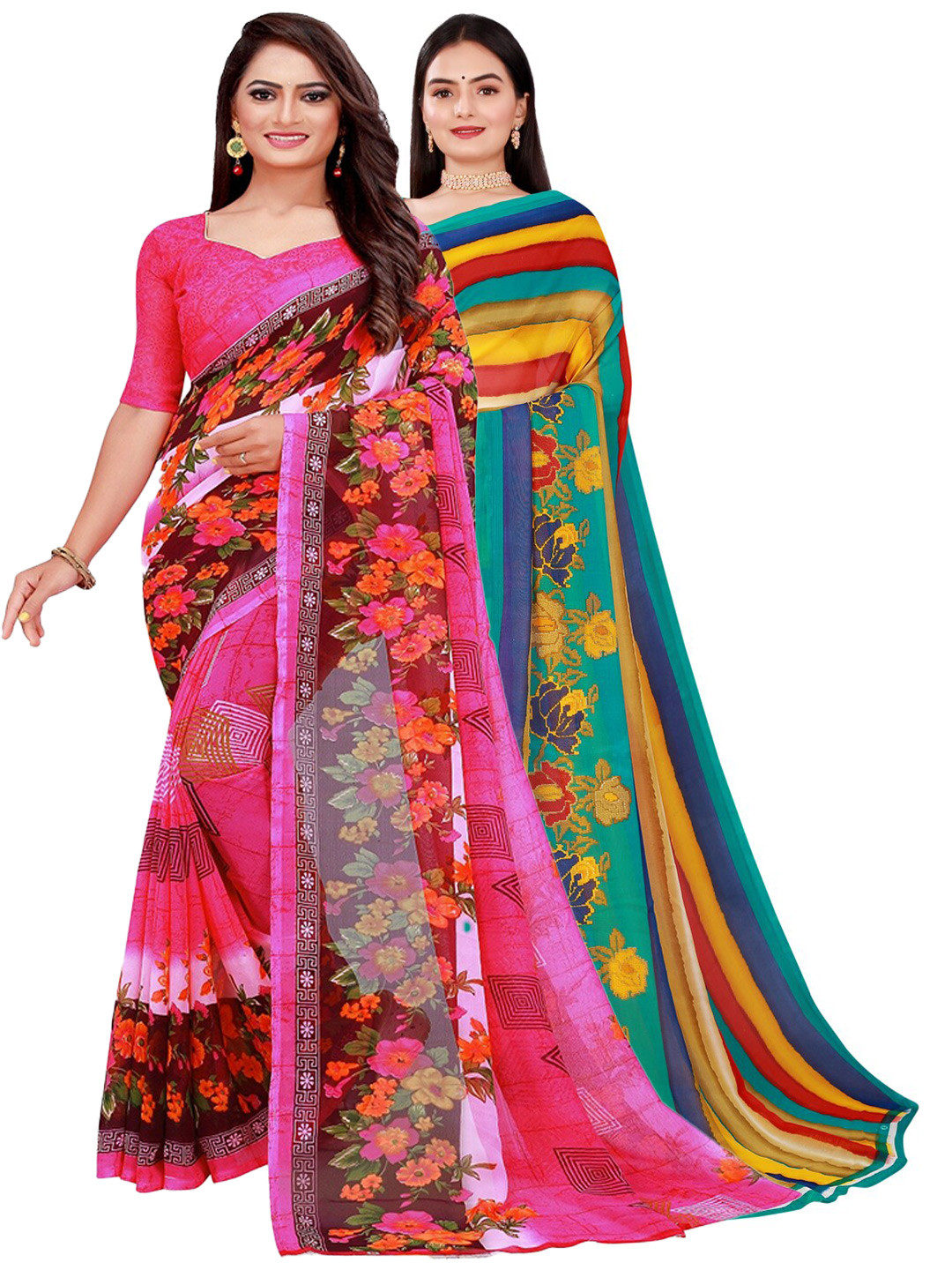 

Florence Green & Pink Floral Pure Georgette Saree