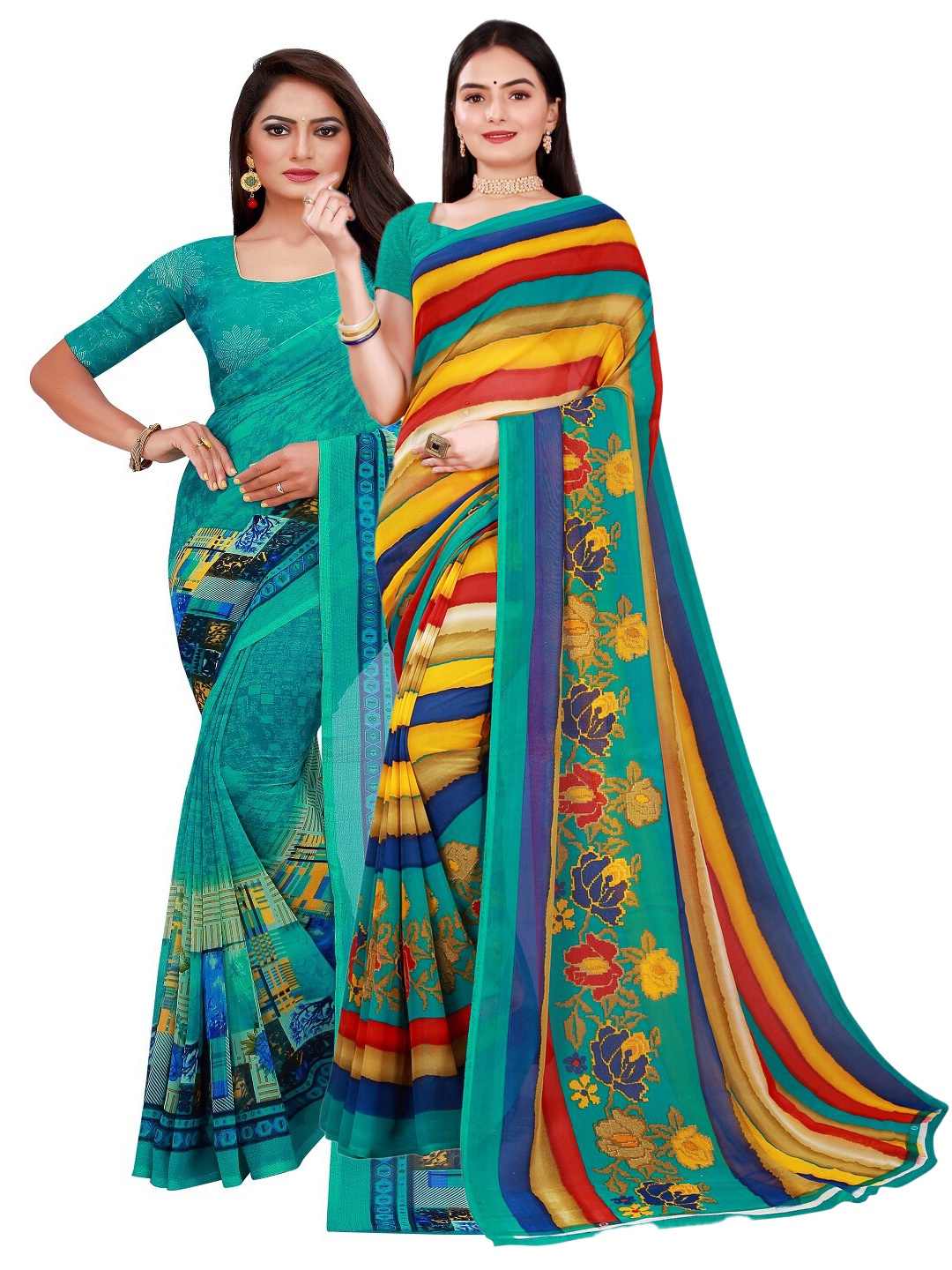 

Florence Turquoise Blue & Yellow Pure Georgette Saree