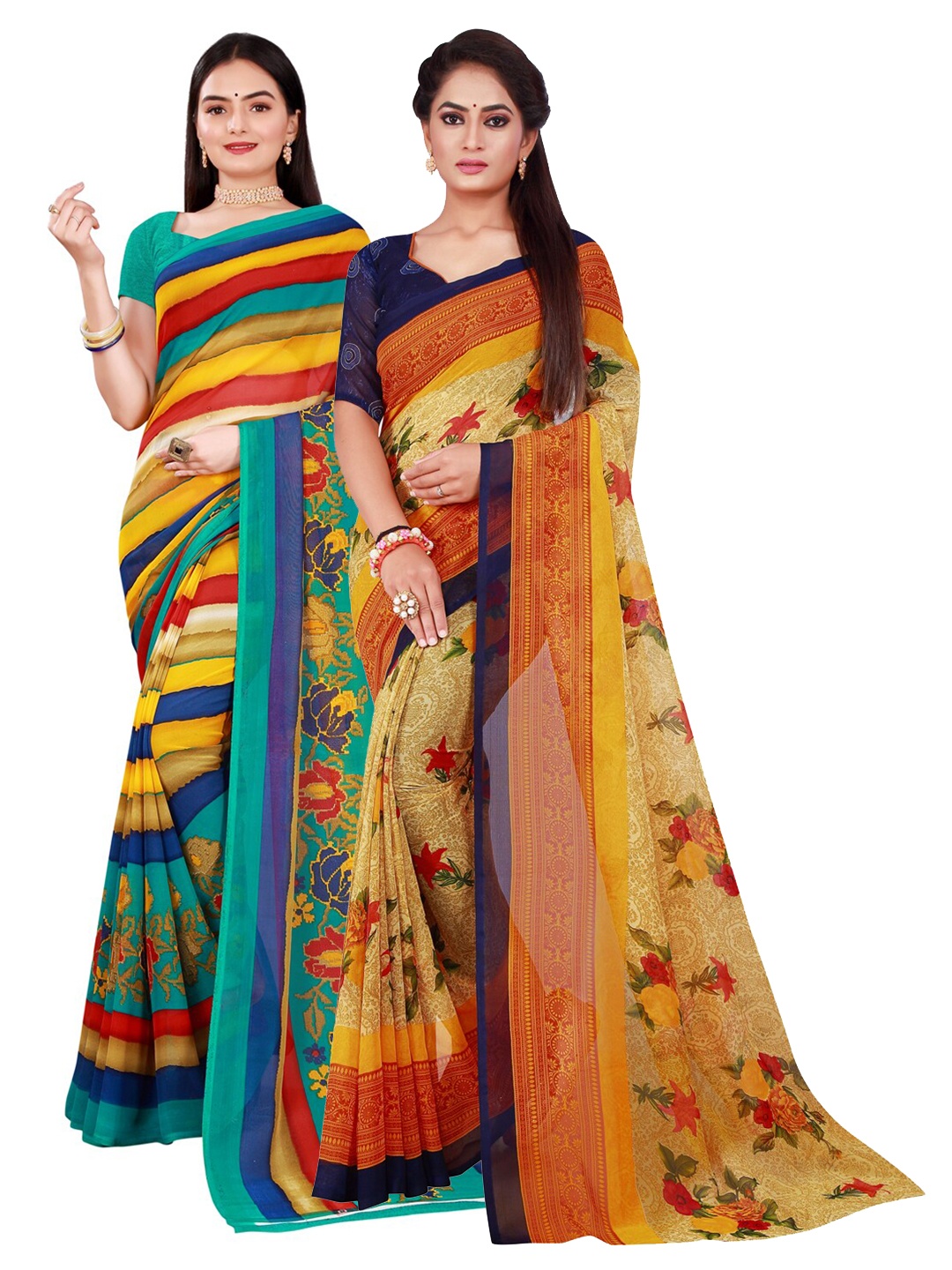 

Florence Set Of 2 Beige & Yellow Floral Pure Georgette Saree