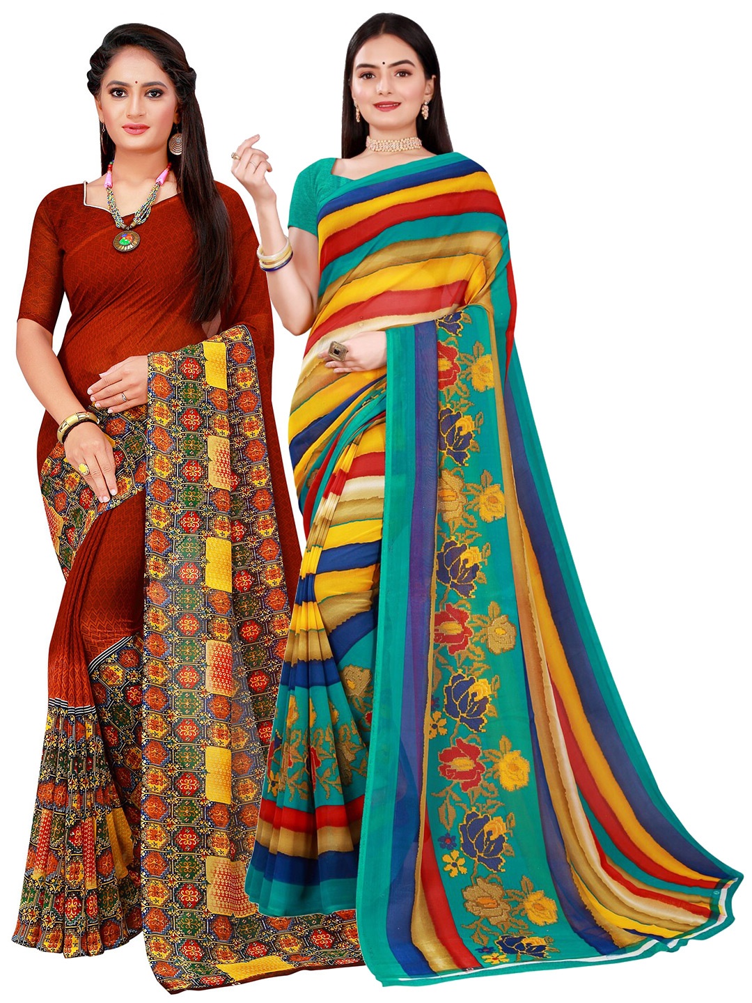 

Florence Brown & Red Set Of 2 Pure Georgette Saree