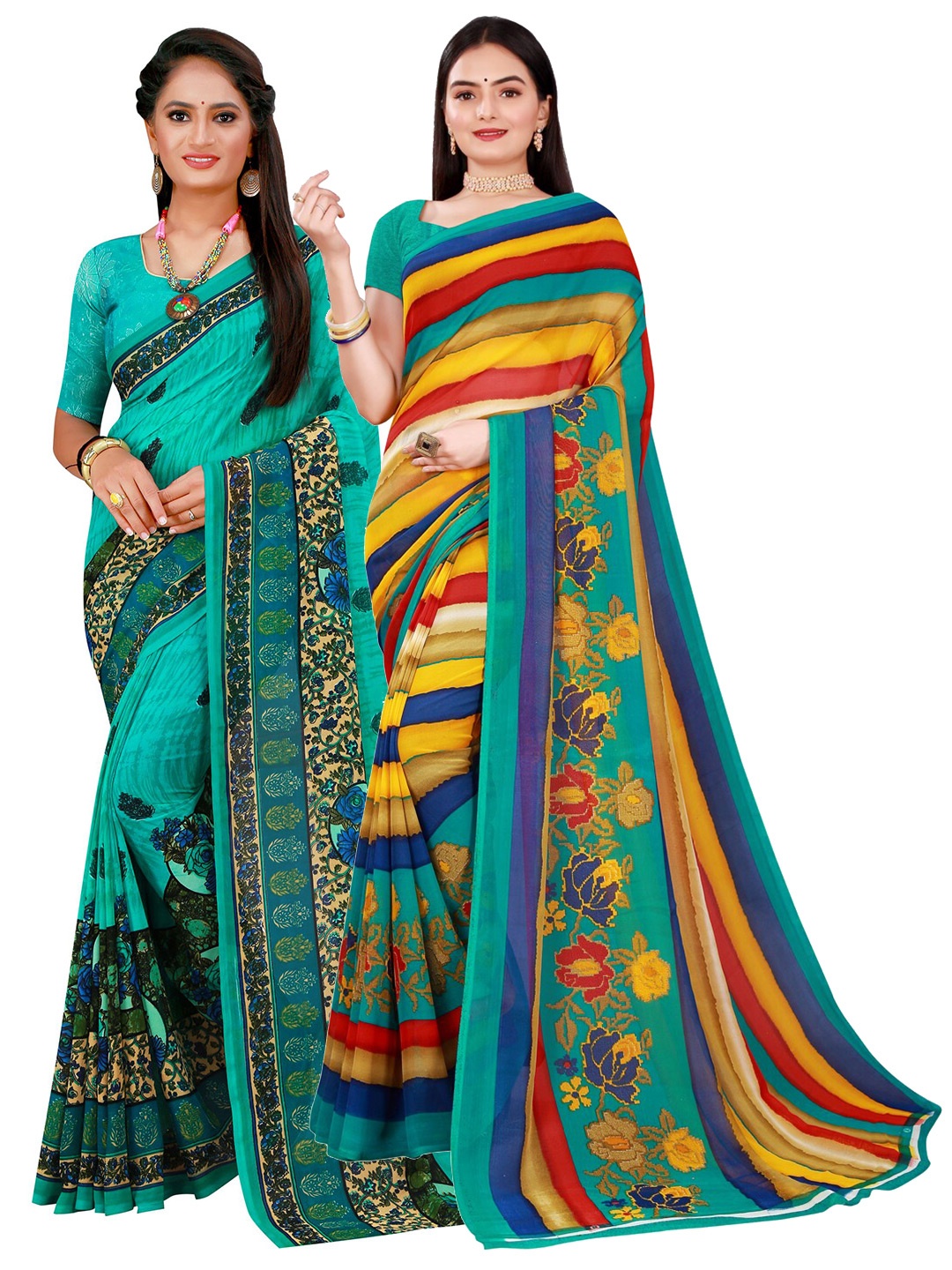 

Florence Green & Orange Floral Pure Georgette Saree