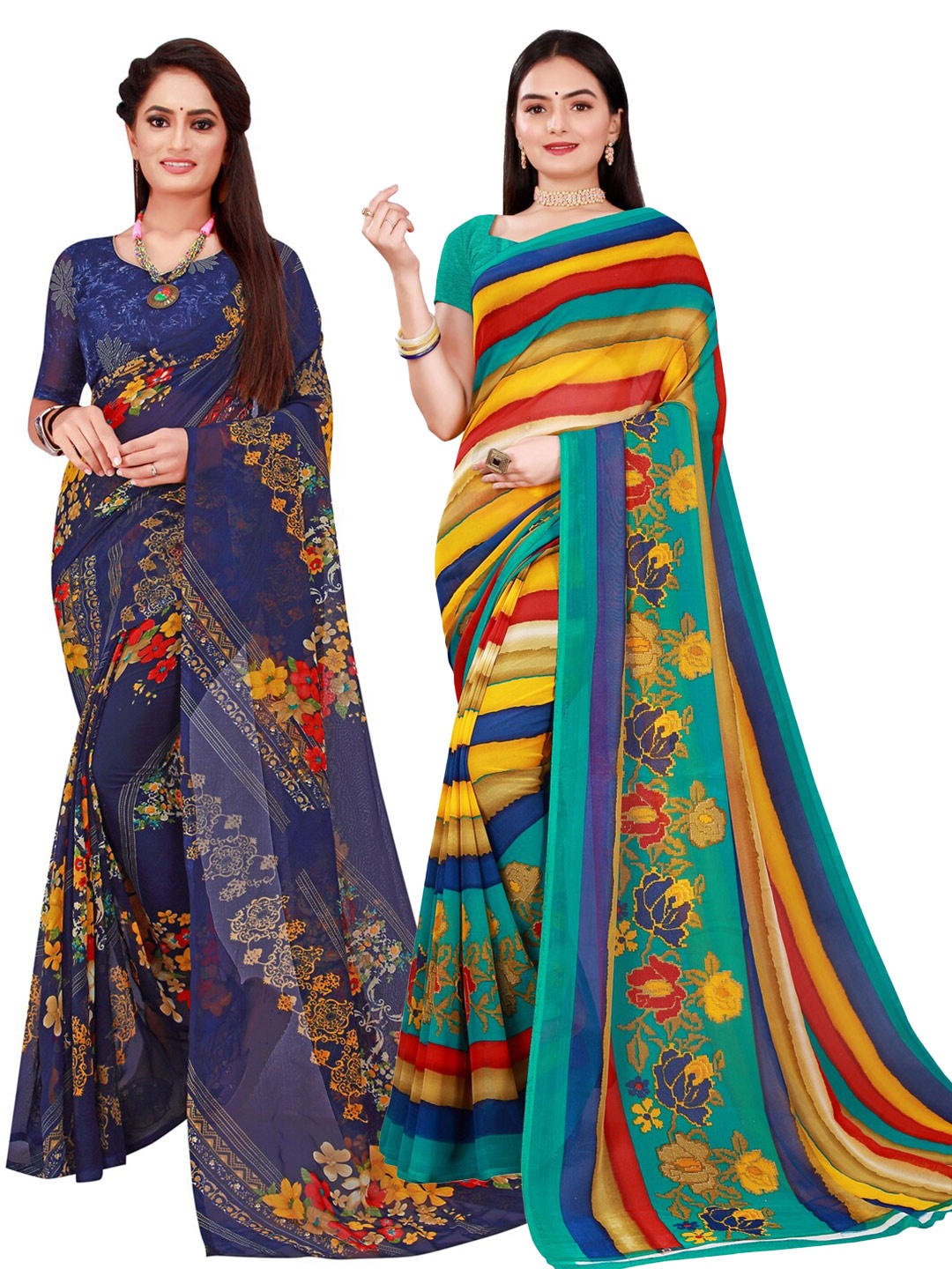 

Florence Multicoloured & Blue Pack of 2 Printed Pure Georgette Saree, Multi