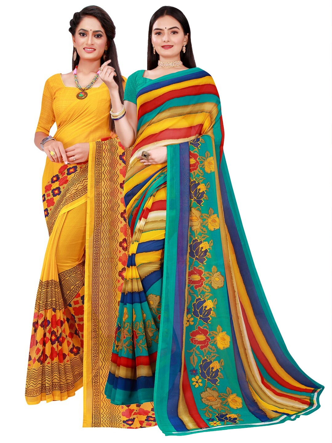 

Florence Pack Of 2 Yellow & Green Floral Pure Georgette Saree