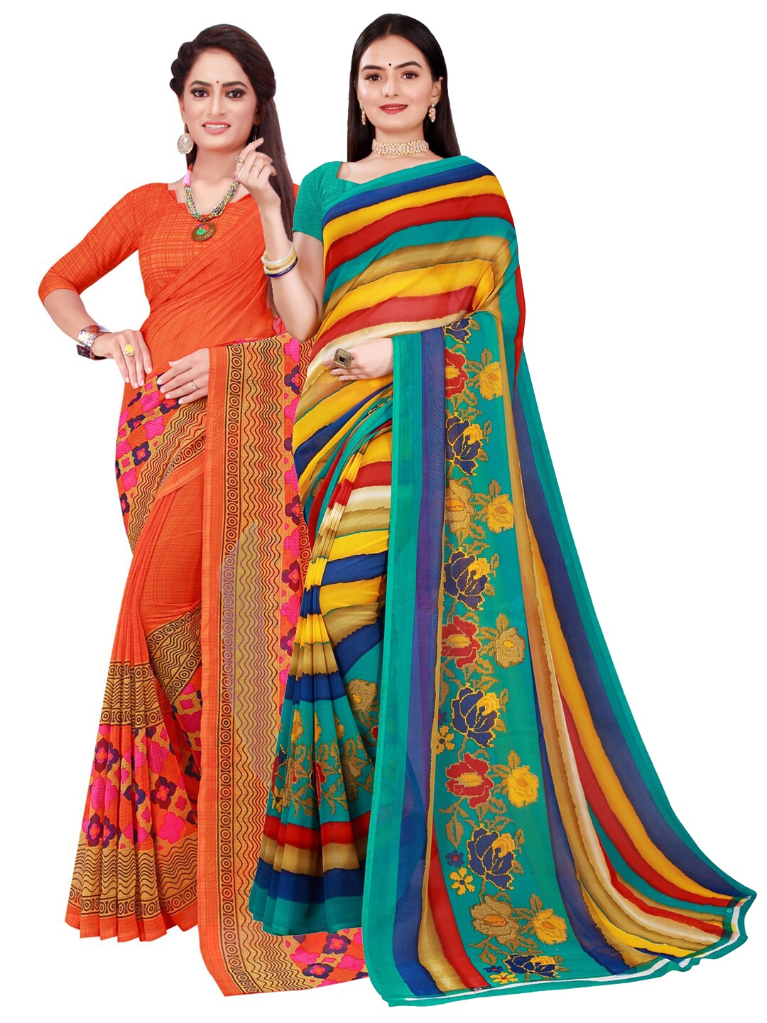 

Florence Set Of 2 Orange & Red Floral Pure Georgette Saree