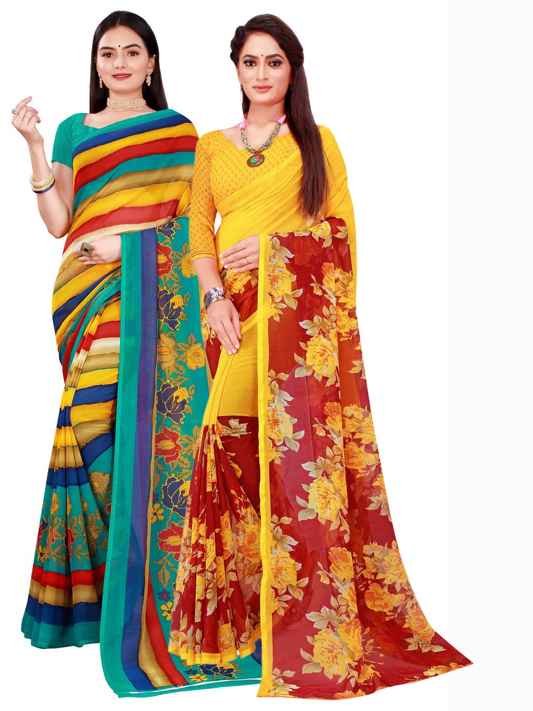 

Florence Set Of 2 Multicoloured Floral Pure Georgette Saree, Multi