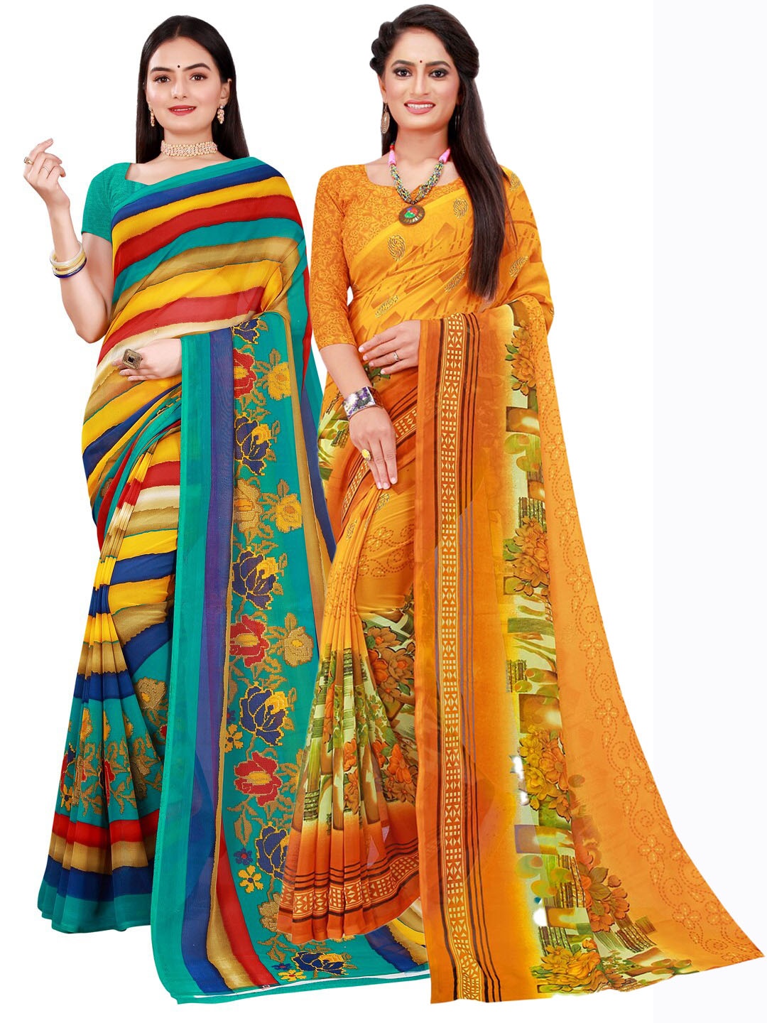 

Florence Orange & Blue Pack of 2 Floral Pure Georgette Saree