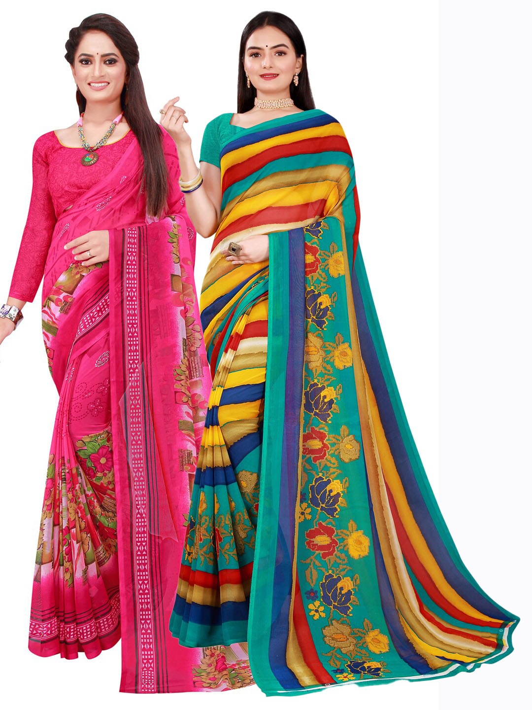 

Florence Pink & Yellow Striped Pure Georgette Saree Pack Of 2