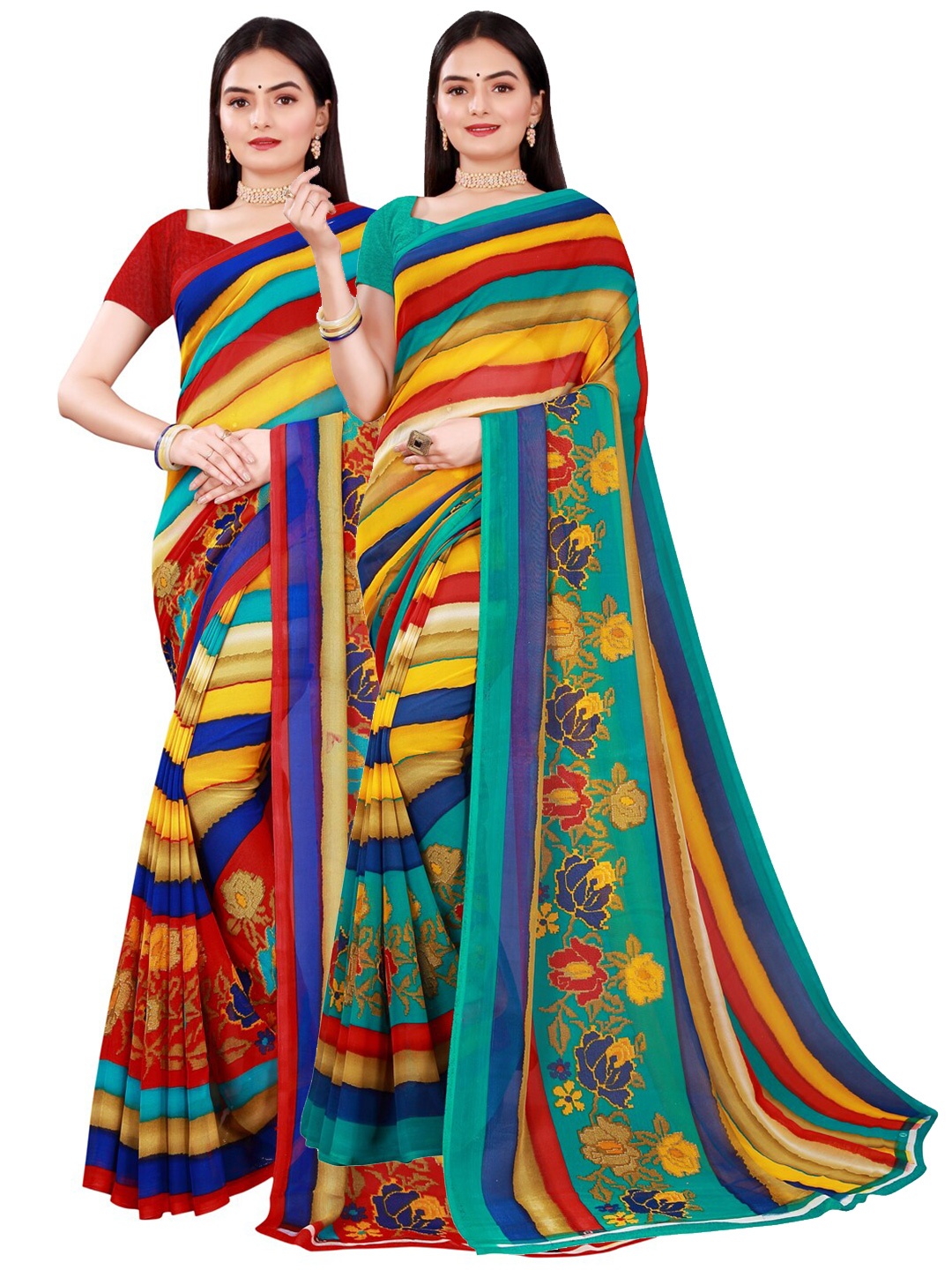 

Florence Blue & Red Striped Pure Georgette Saree Pack Of 2