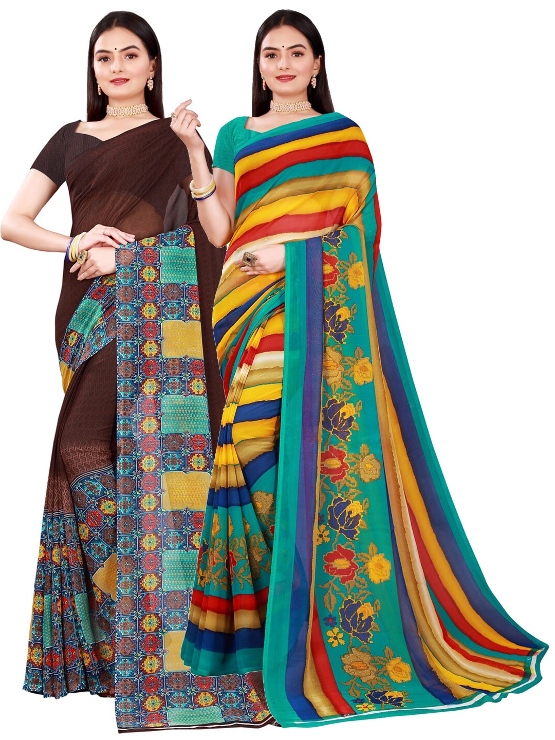 

Florence Brown & Red Pack of 2 Printed Pure Georgette Saree