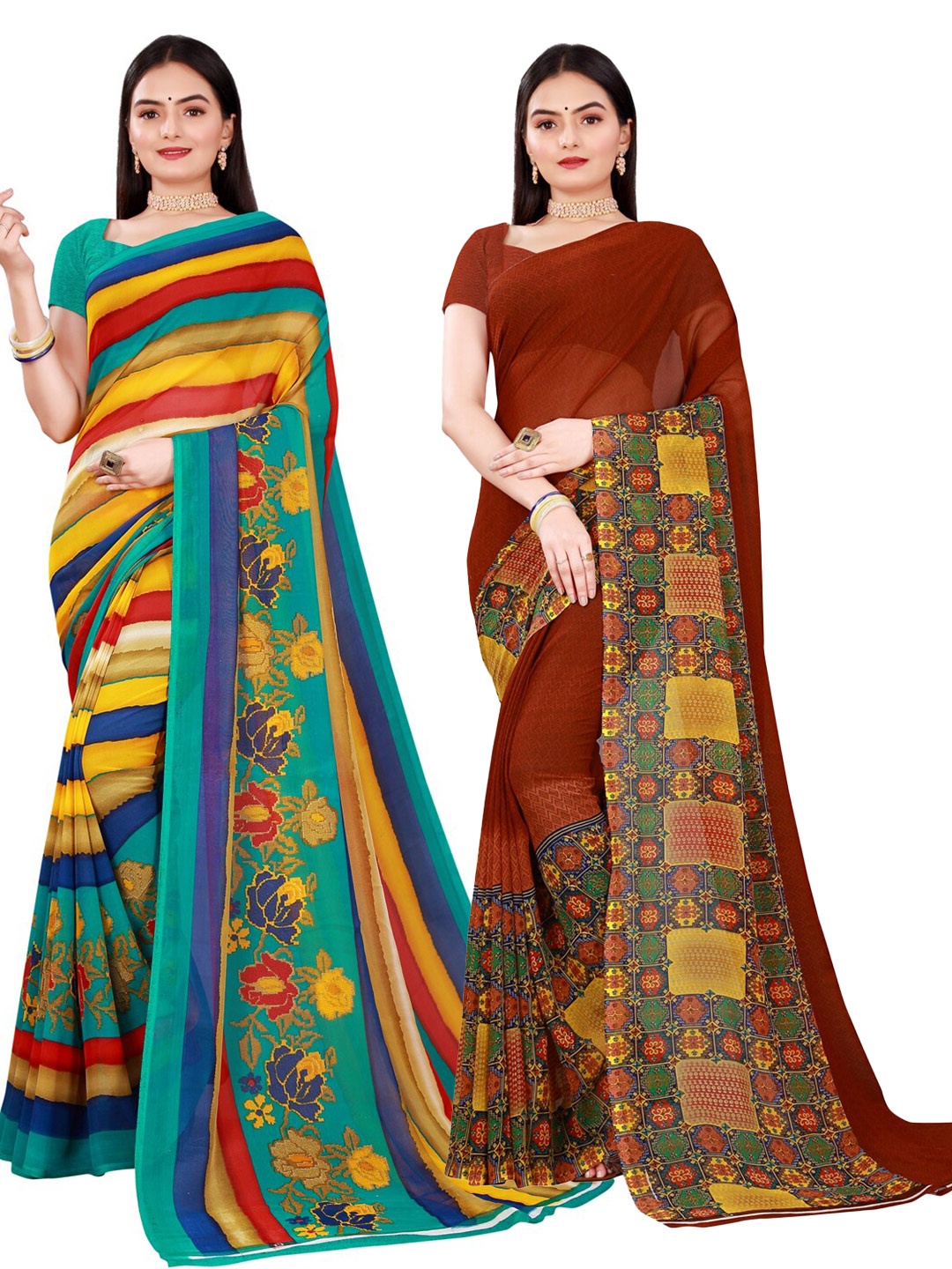 

Florence Pack Of 2 Brown & Yellow Pure Georgette Saree