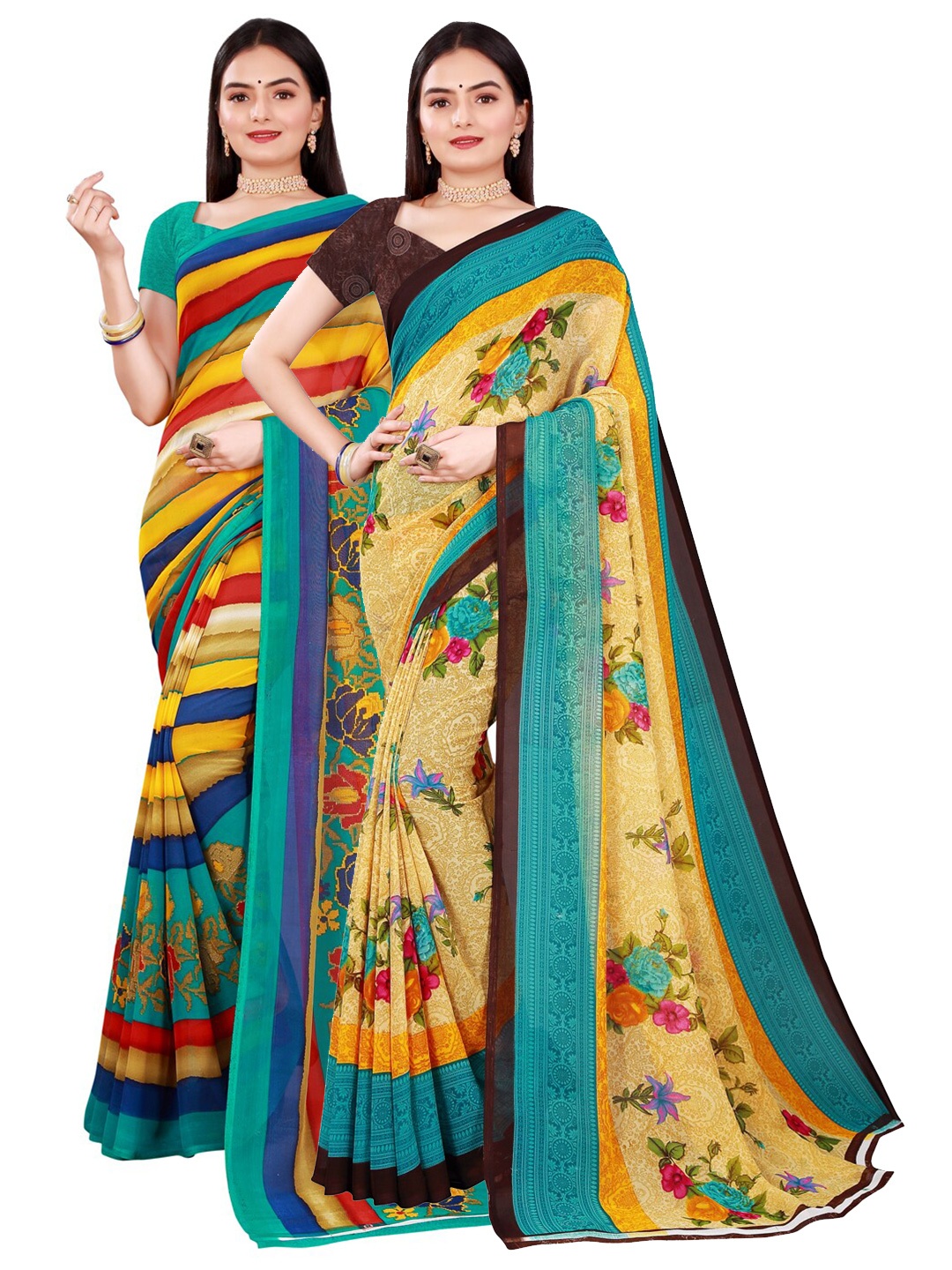 

Florence Green & Brown Floral Pure Georgette Saree Pack Of 2