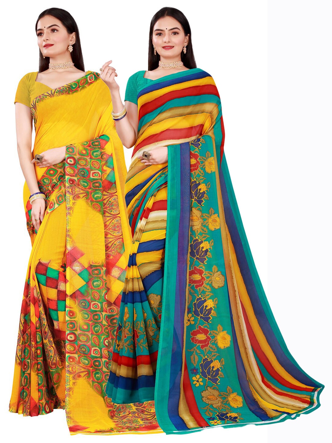 

Florence Yellow & Red Striped Pure Georgette Saree Pack Of 2