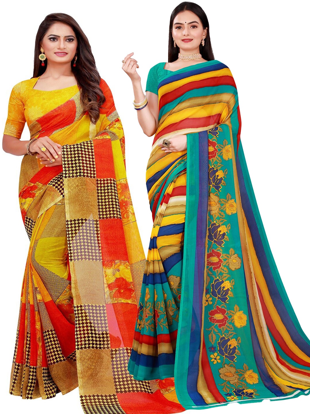 

Florence Orange & Multicoloured Striped Pack of 2 Pure Georgette Saree