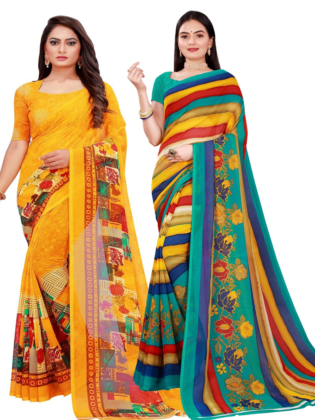 

Florence Pack of 2 Yellow & Red Floral Printed Pure Georgette Saree